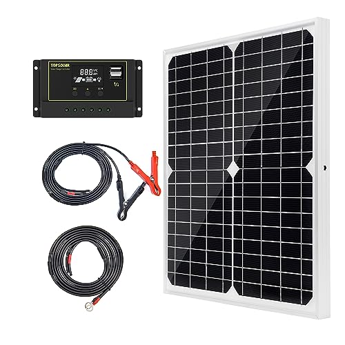 12V 20W Solar Panel Kit Monocrystalline with 10A Solar Charge Controller + Extension Cable with Battery Clips O-Ring Terminal for RV Marine Boat Off Grid System