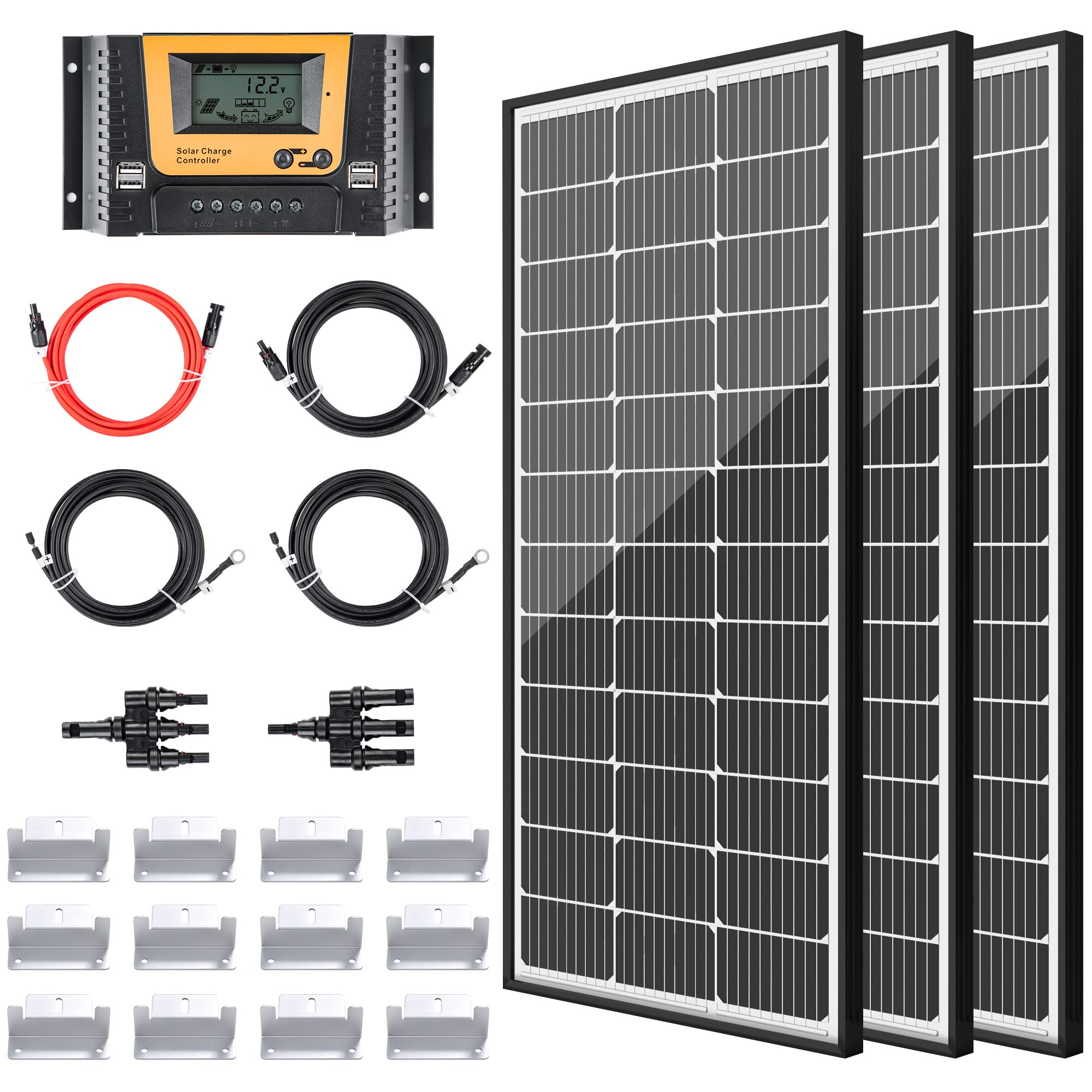 300 Watt 12 Volt Solar Panel Kit with 40A PWM Charge Controller 2 Pair Solar Paanel Cables 3 Set Z Brackets 4 Way Connector for RV Camper Marine Boat Off Grid System