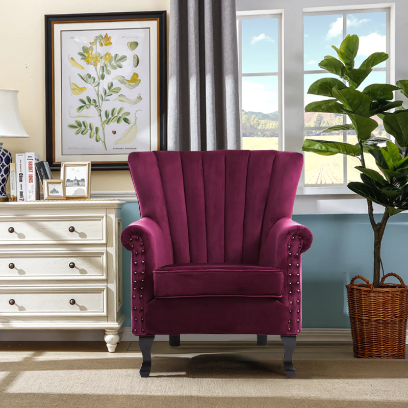 Wine Red Velvet Upholstered Wingback Armchair