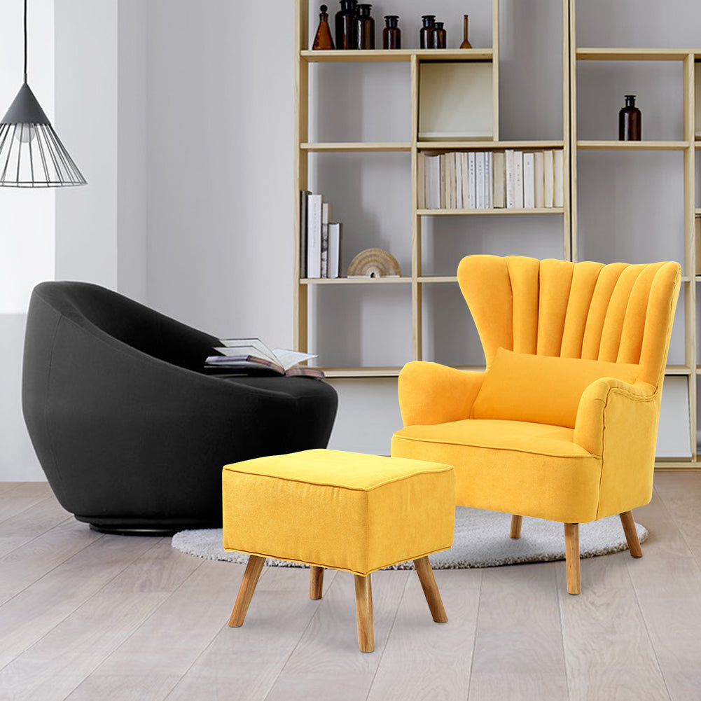 Yellow Faux Wool Upholstered Wingback Armchair with Footstool