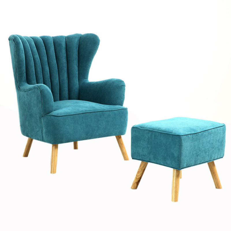 Blue Faux Wool Upholstered Wingback Armchair with Footstool