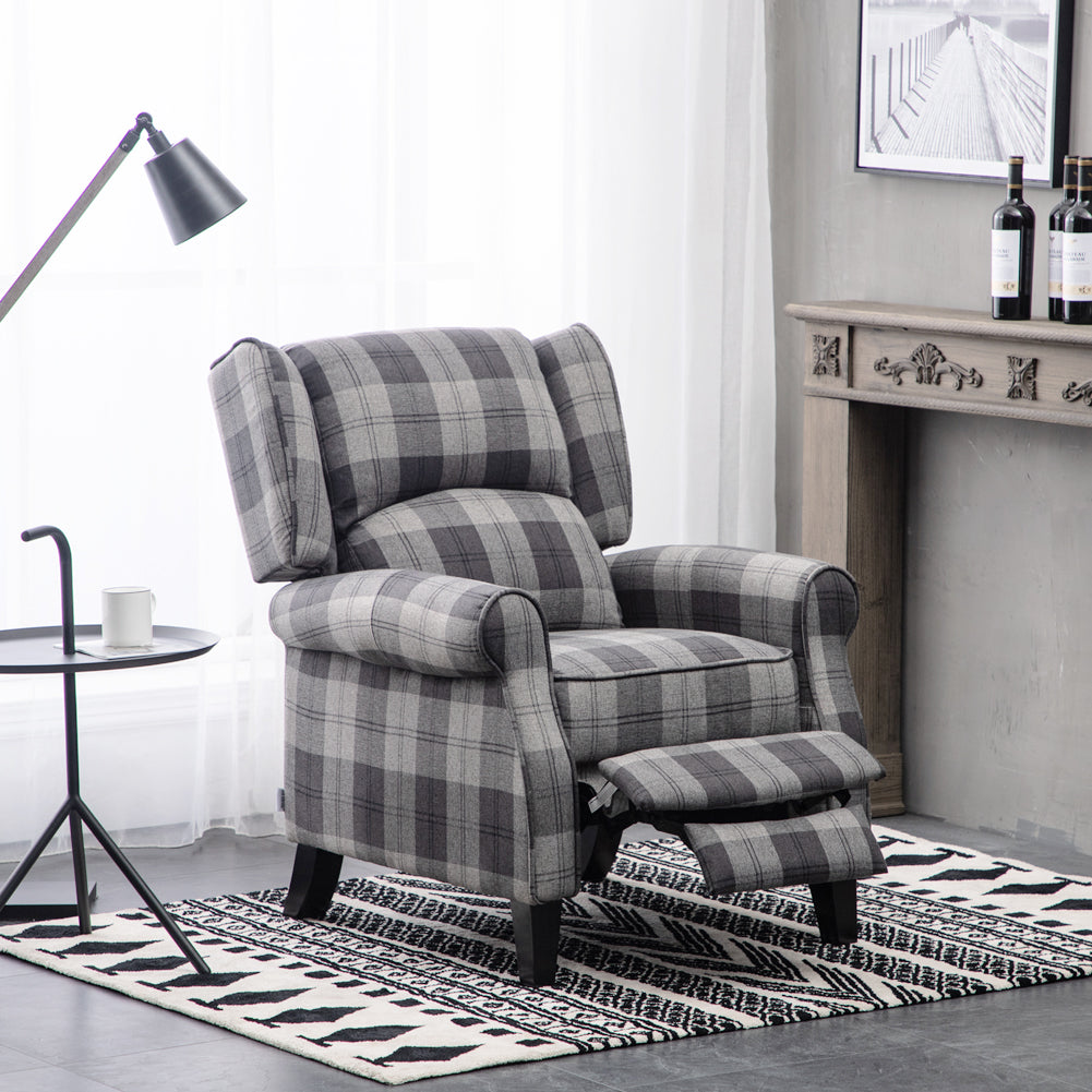 Grey Tartan Linen Upholstered High Back Recliner Armchair