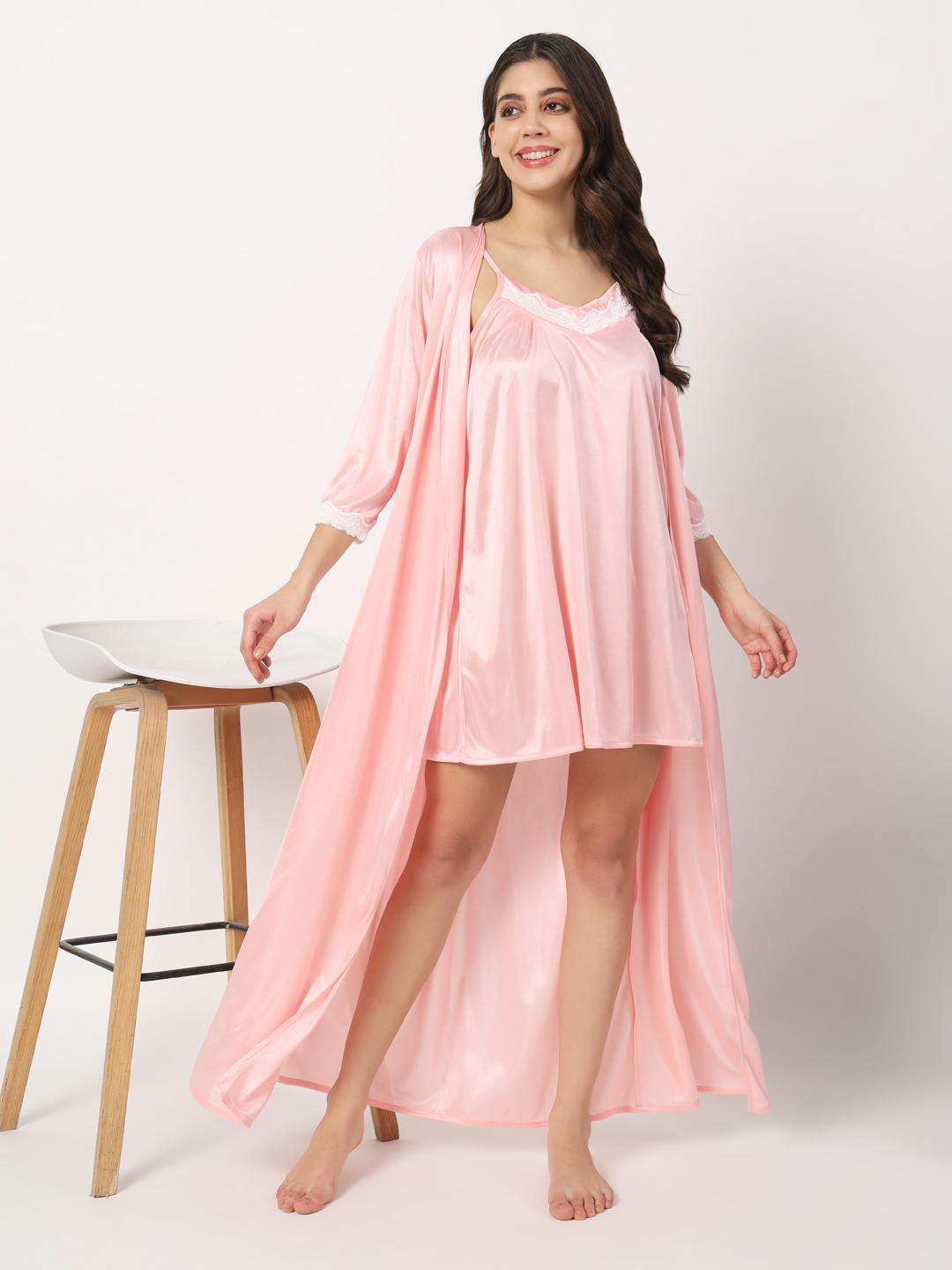 Hot Two Piece Satin Robe & Night Dress for Women X302Hl