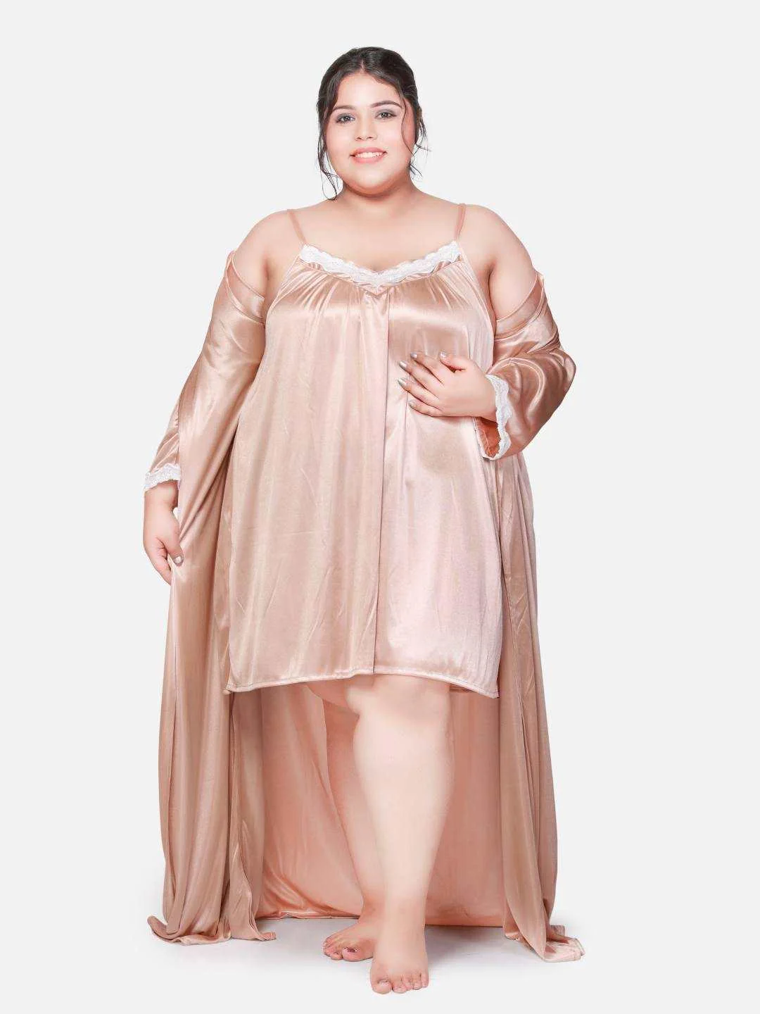 Plus Size Hot Two Piece Champagne Babydoll Night Dress for Women 302Ag