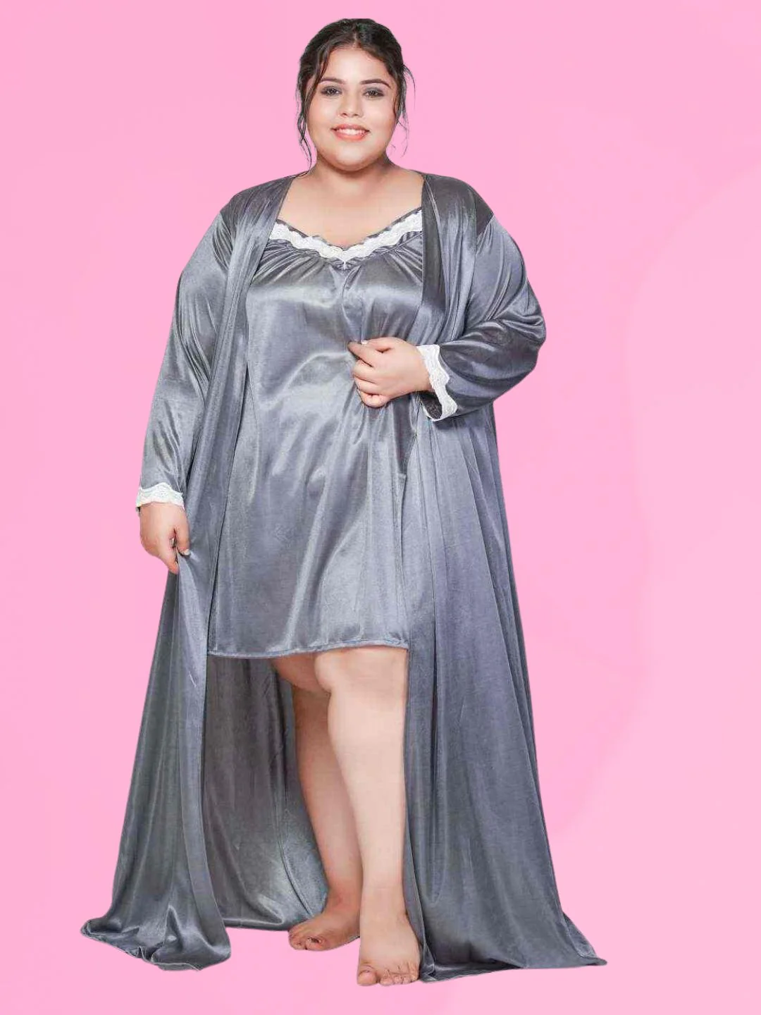 Plus Size Hot Two Piece Grey Babydoll Night Dress for Women 302Zd