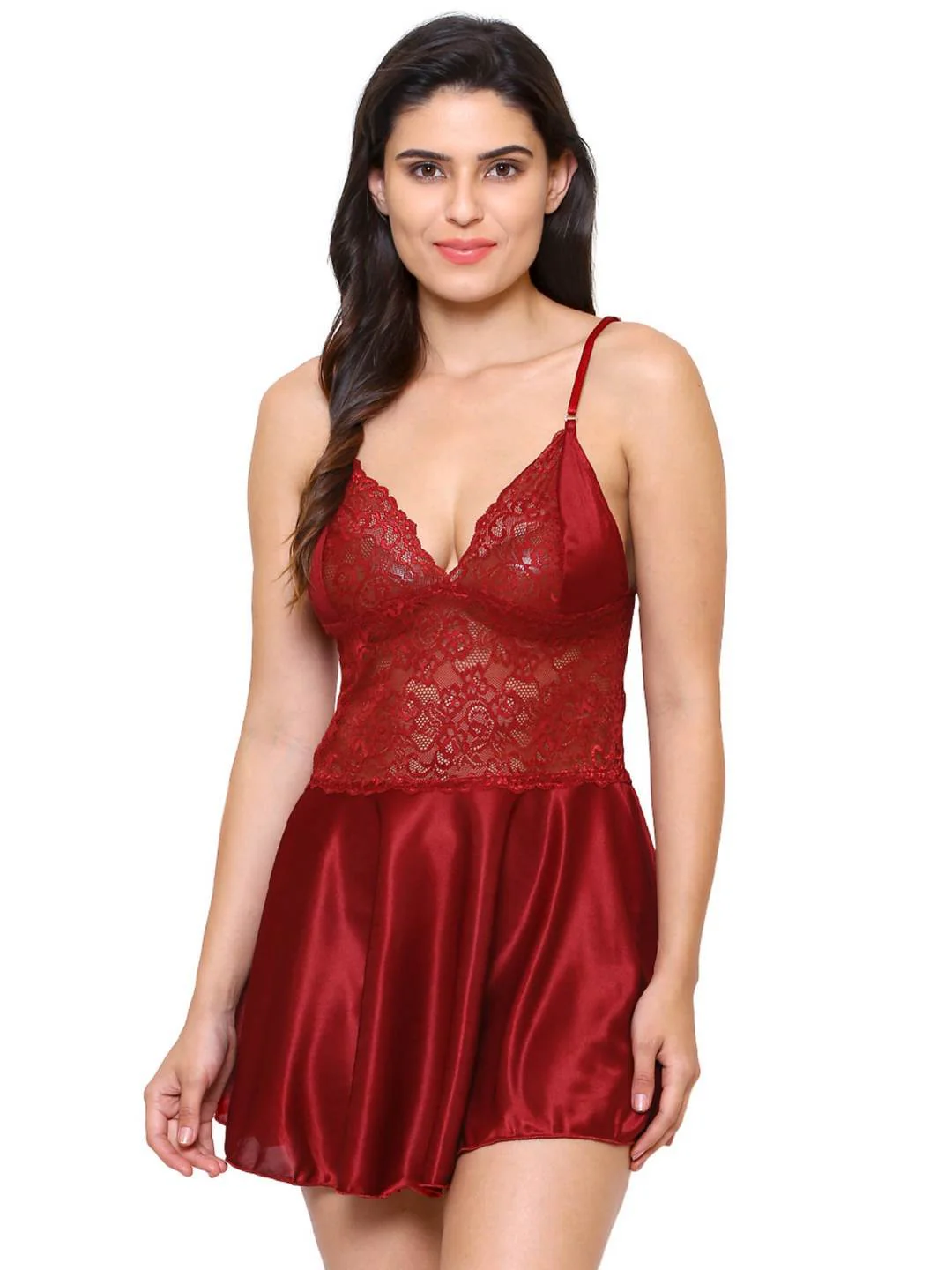 Hot Satin and Lace Sexy Maroon Honeymoon Babydoll Bikini Dress 07M S-10XL