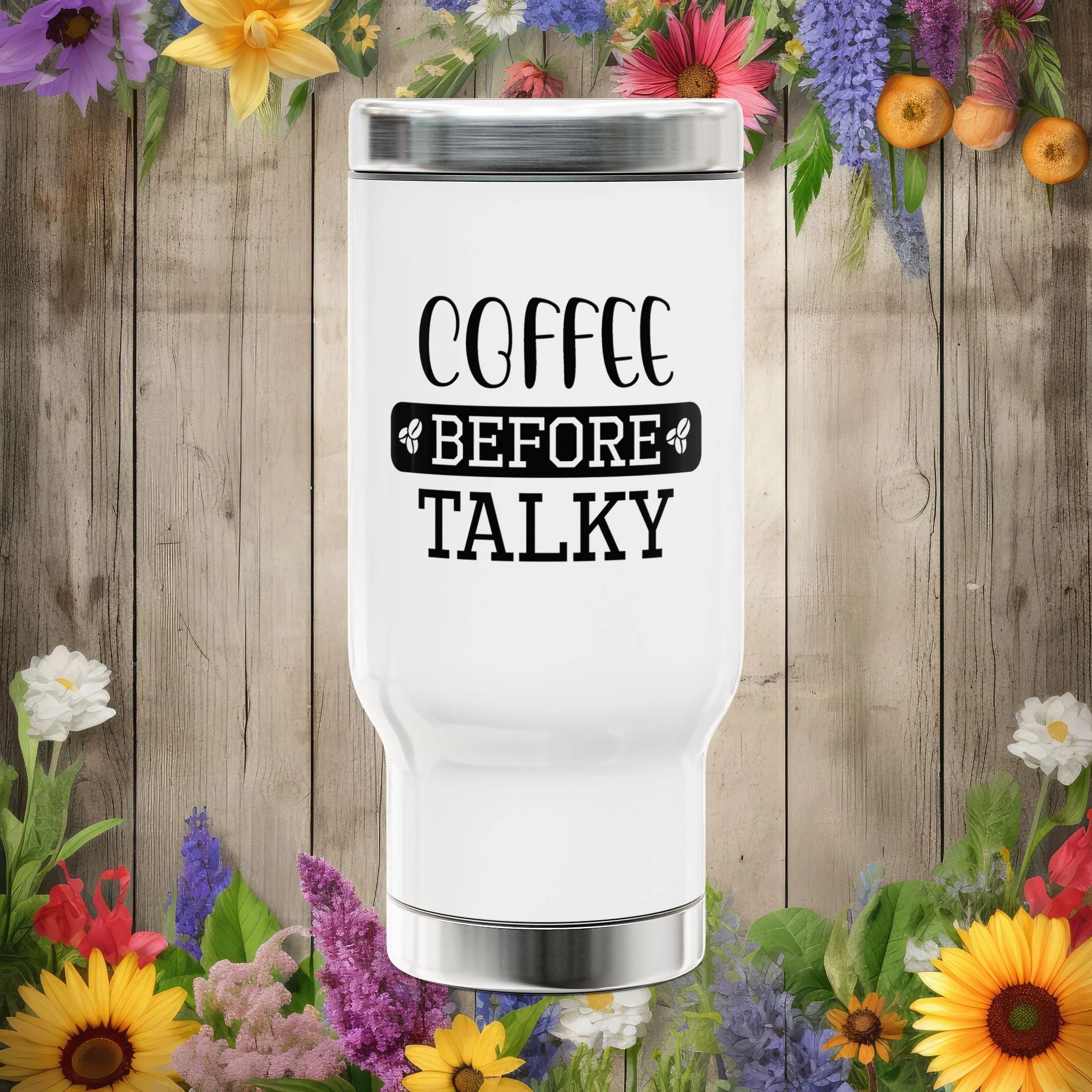 Coffee Before Talky Stainless Steel Travel Mug with Handle, 14oz