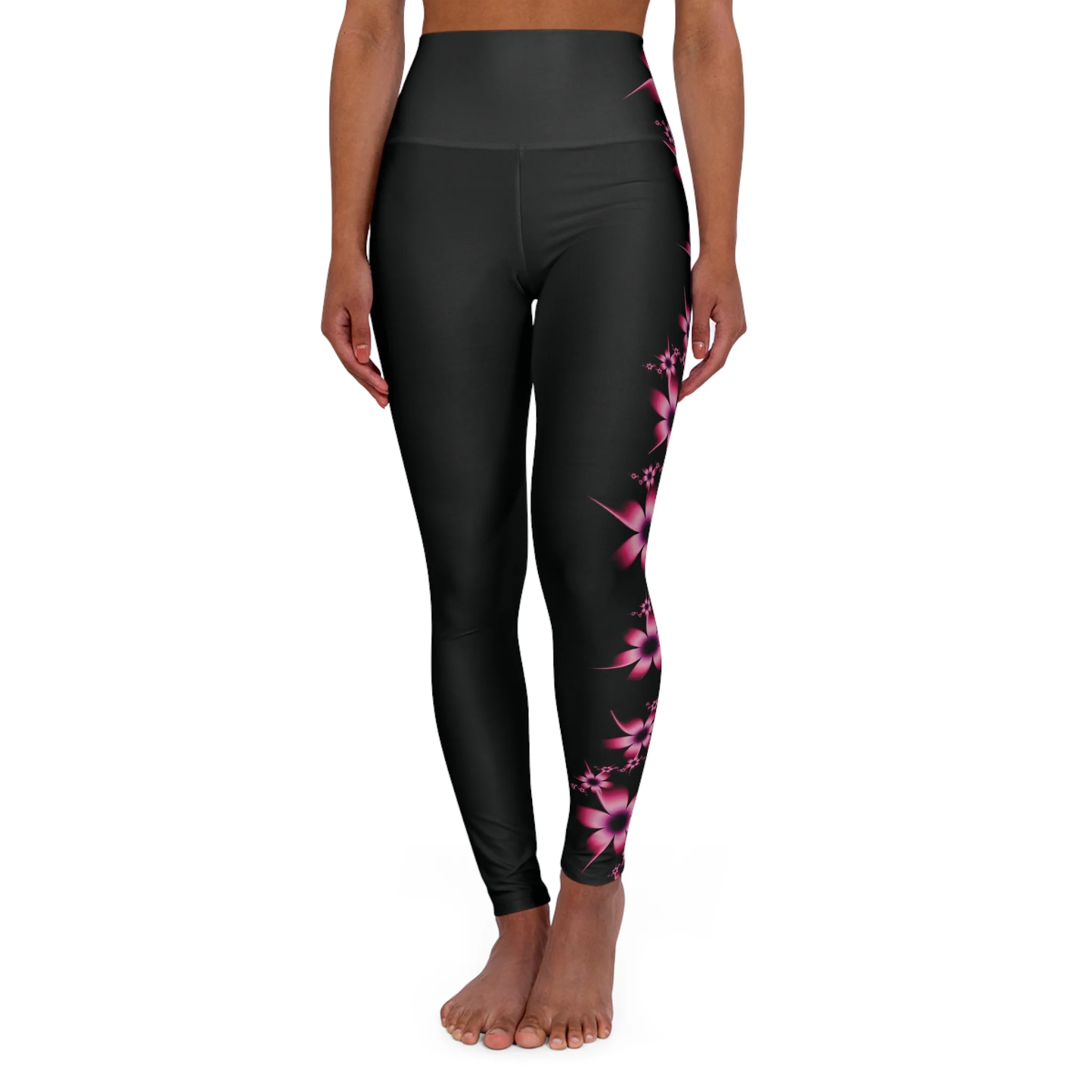 Black High Waisted Yoga Leggings with Pink Peony Flower Vine