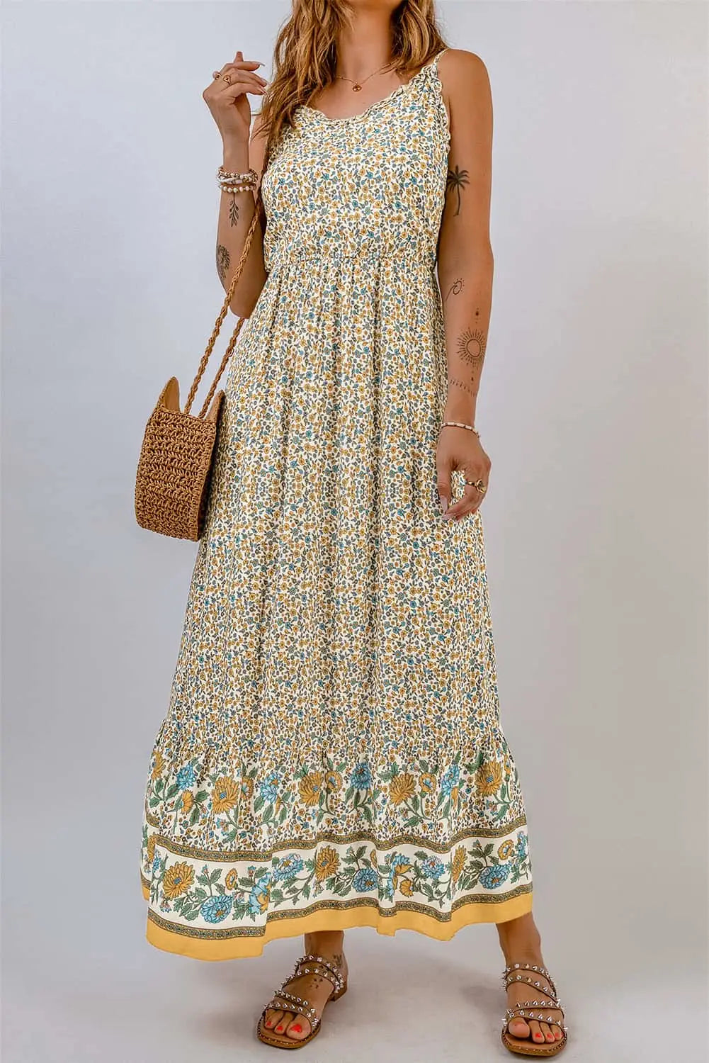 Apricot Floral Print Smocked Back Sleeveless Maxi Dress