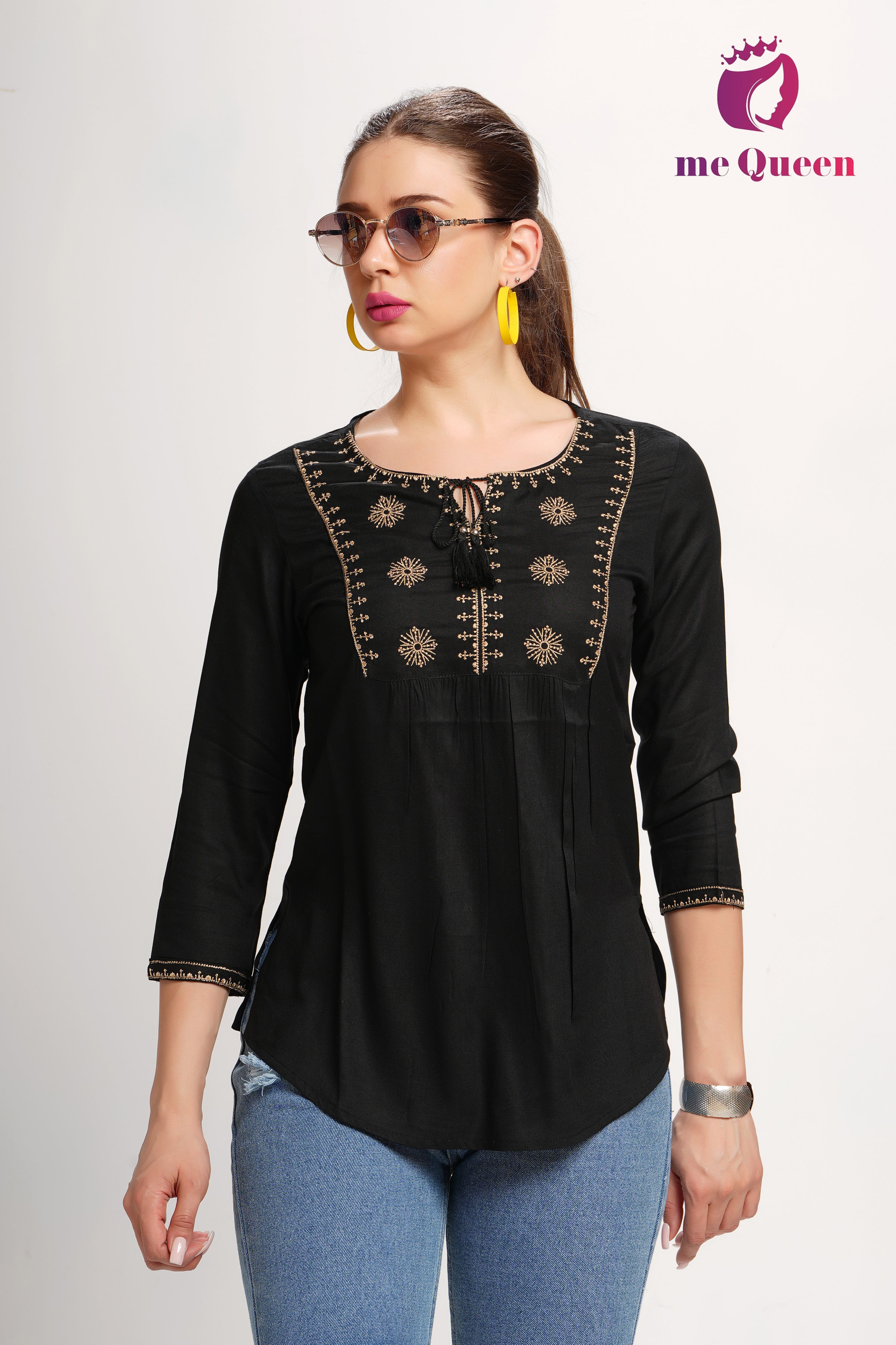 MeQueen Women's Black Top with Golden Thread Work