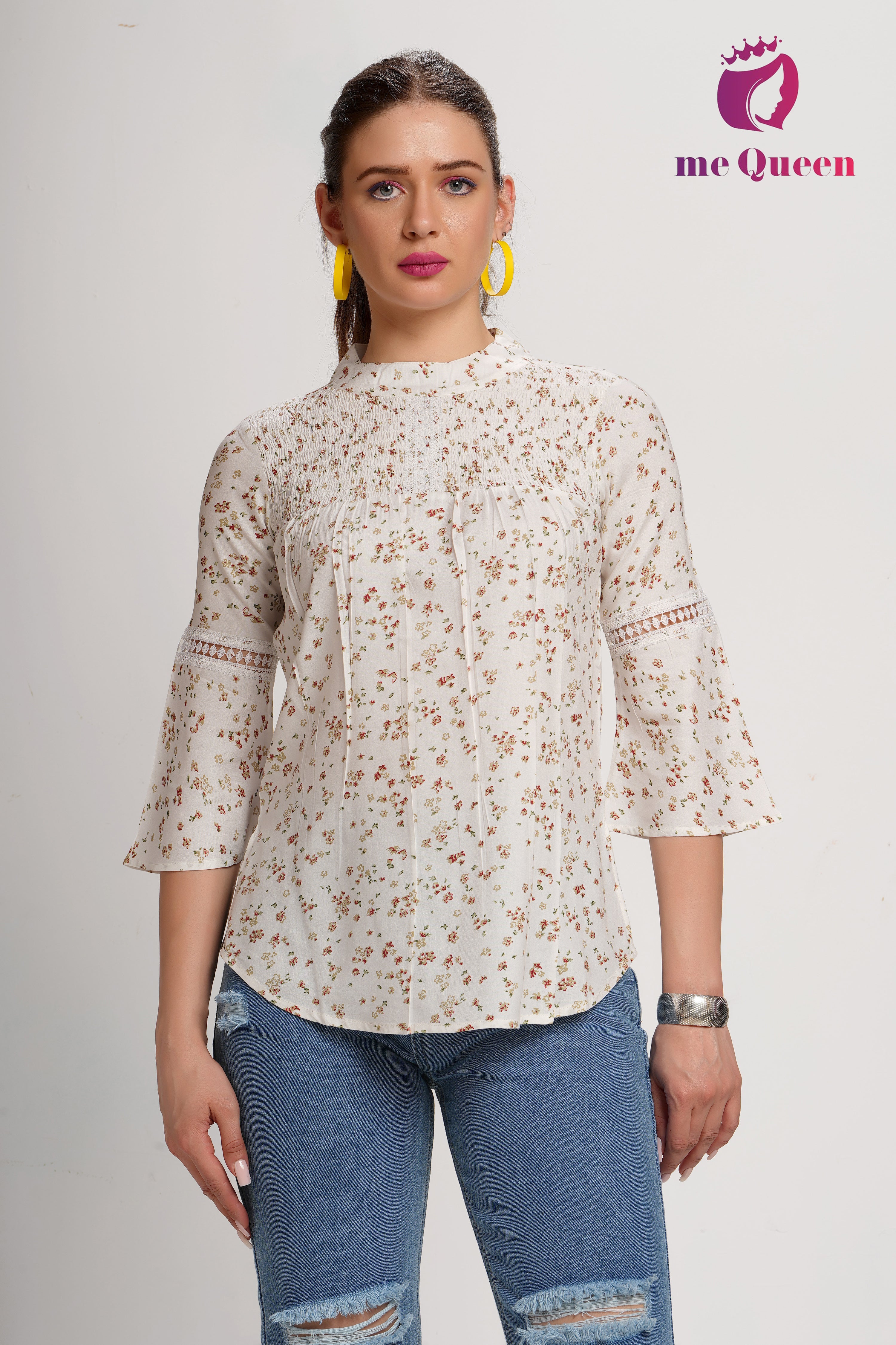 MeQueen Women's White Top with Red and Golden Small Flower Print