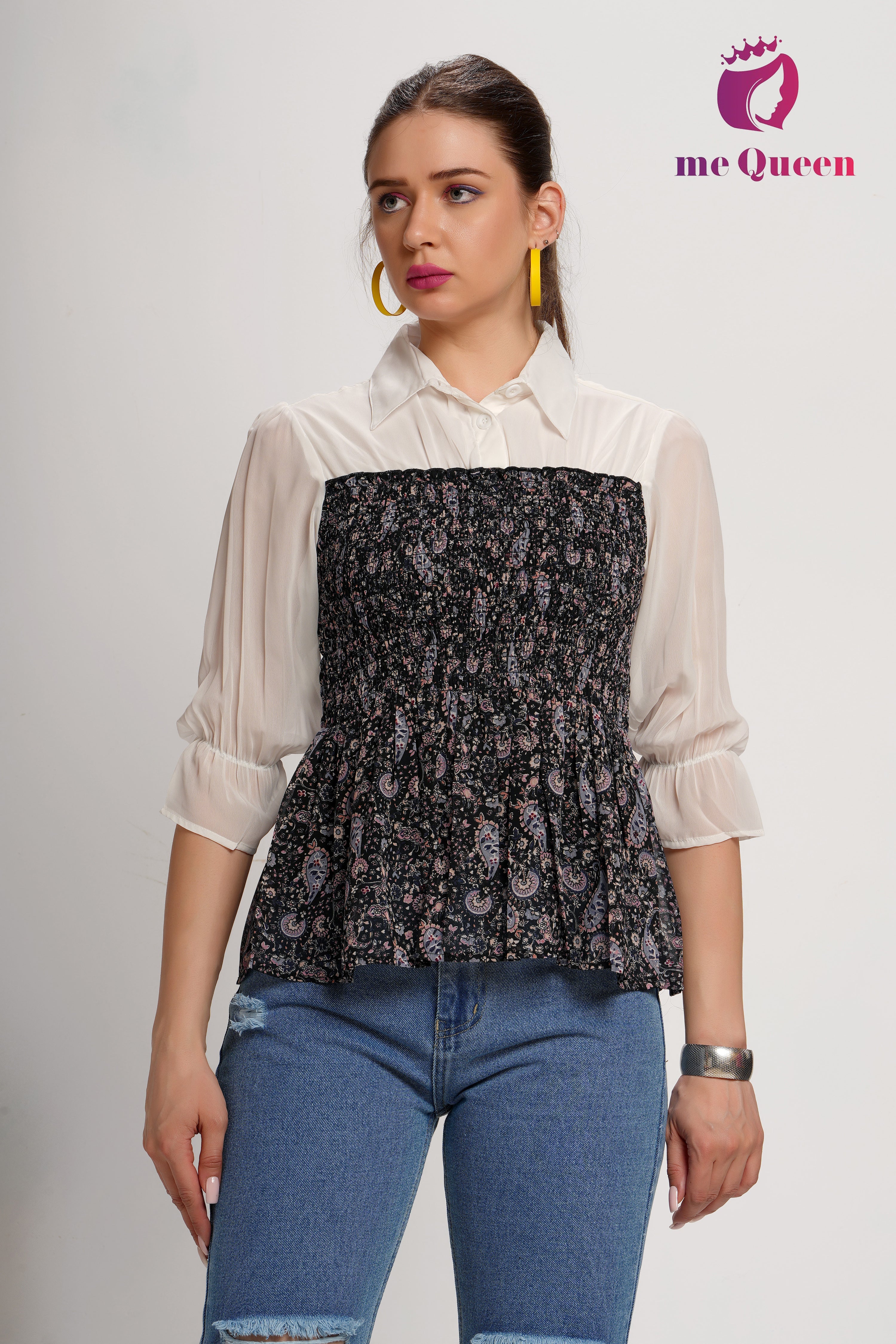 MeQueen's Black Smoking Printed Top with White Collar