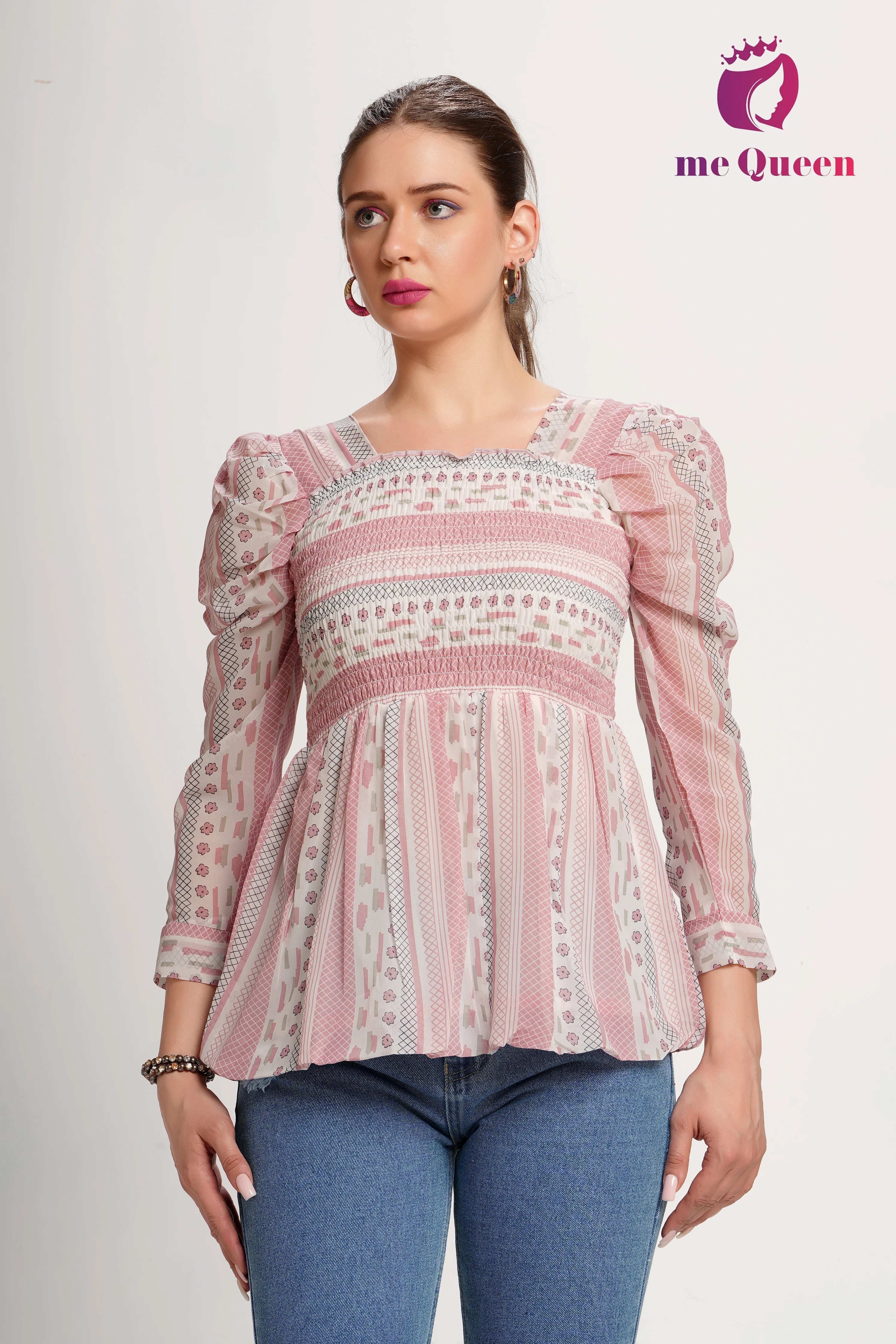 MeQueen's White & Pink Printed Peplum Top