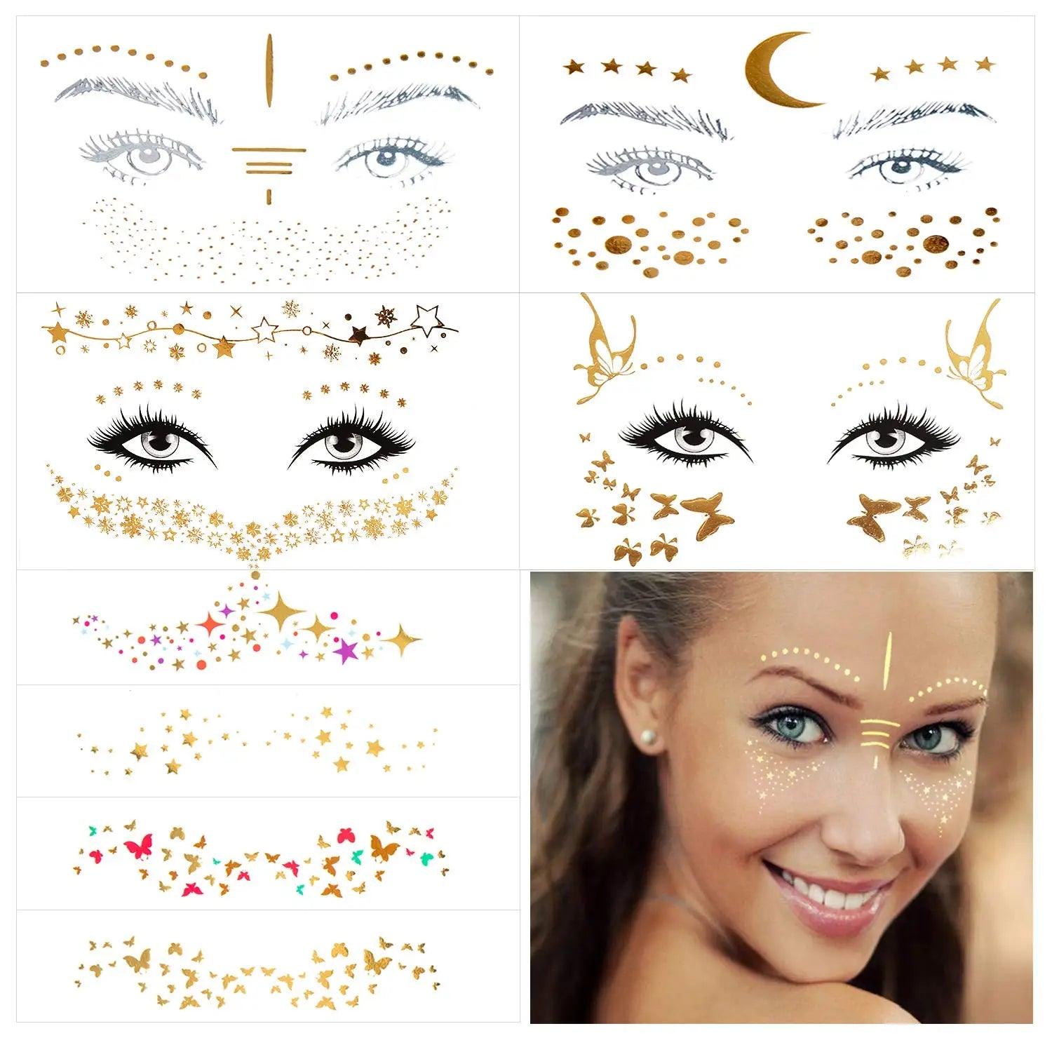 Face Metallic Temporary Tattoo Sticker,Face Gold Temporary Transfer Tattoo Freckle Sticker for Women Girls Makeup Dancer Parties