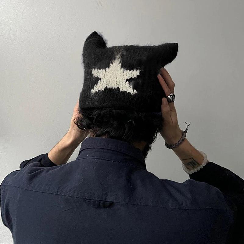 Women Y2k Crochet Beanie Hat Cute Cat Ear Hats Goth Knitted Hats Grunge Slouchy Accessory Warm Winter Cap for Outdoor