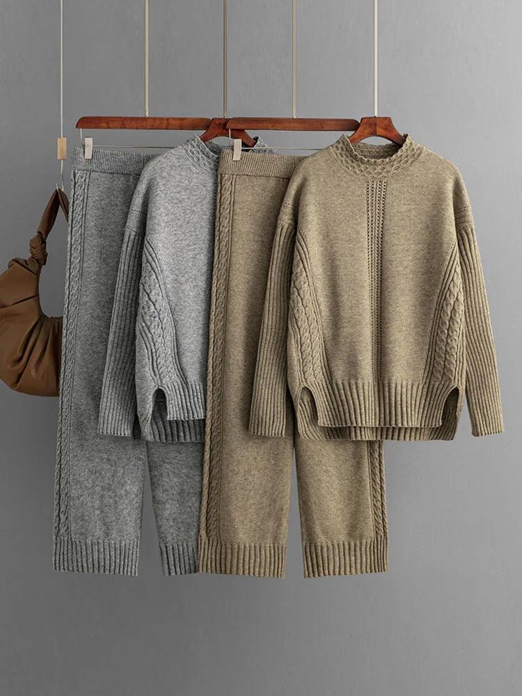 Winter Warm Knitwears Two Piece Sets For Women Outfits Office Ladies Elegant Solid Side Split Pullover Knitted Sweater+pants Set