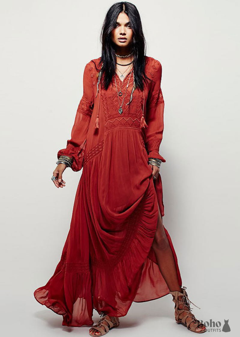 Red Long Sleeves Boho Maxi Dress Jordyn