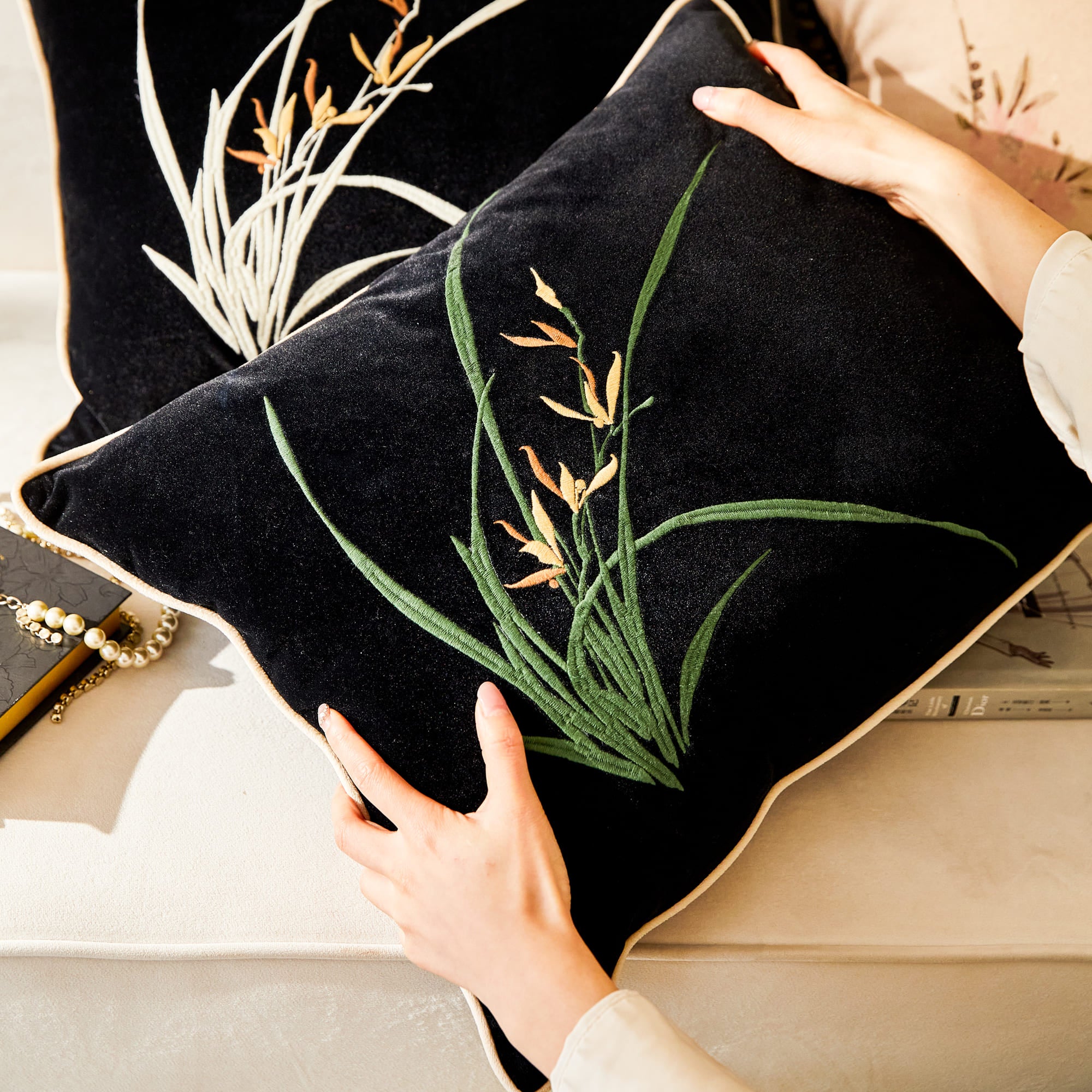 Orchidum Oriental Orchid Embroidery Lumbar Pillow Cover