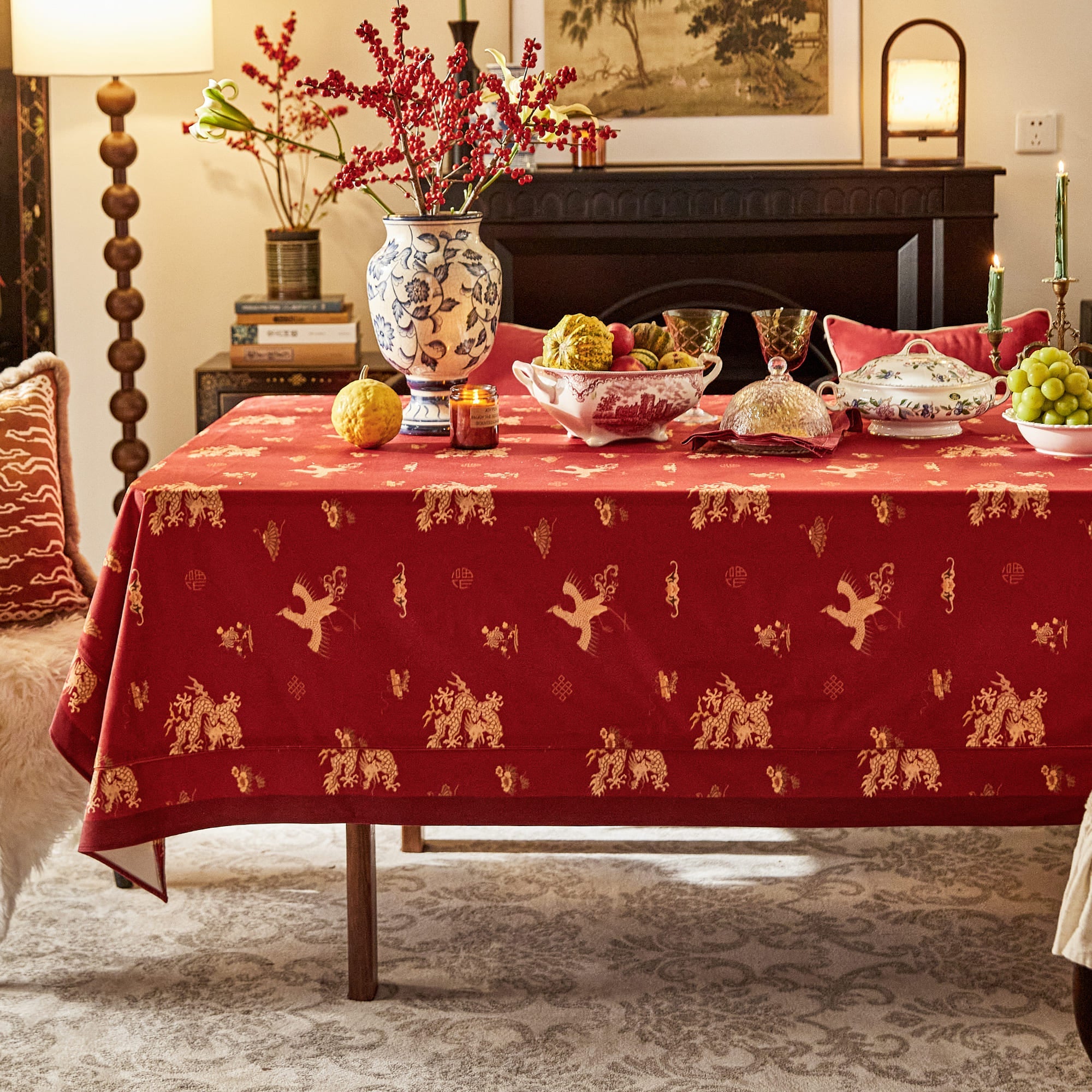 Phoenix Dragon Printed Red Custom Tablecloth