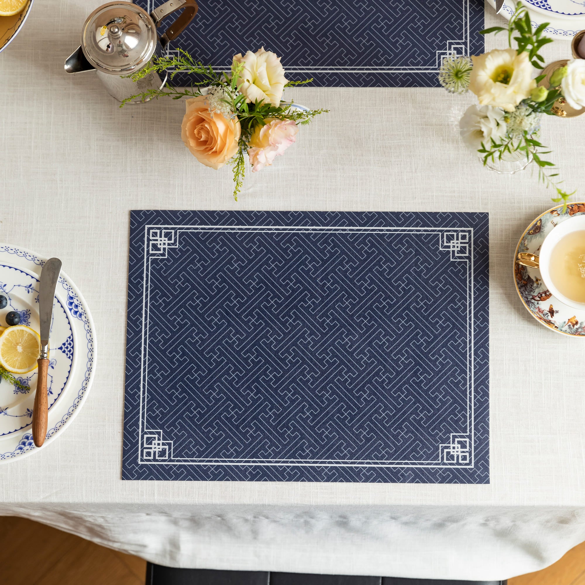 Marina Retro Blue Leather Placemat with Geometric Pattern