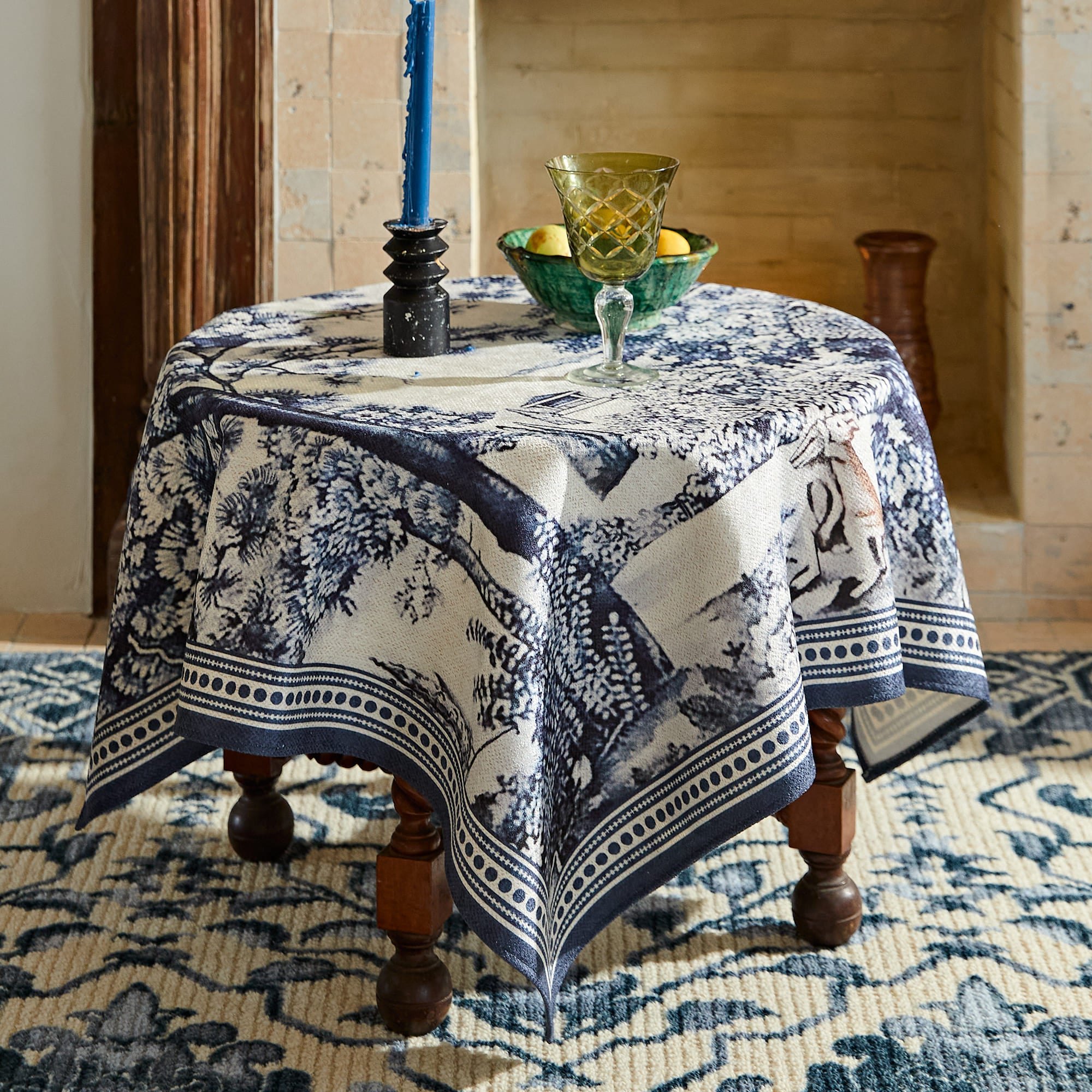 Elena Retro Blue Printed Side Tablecloth
