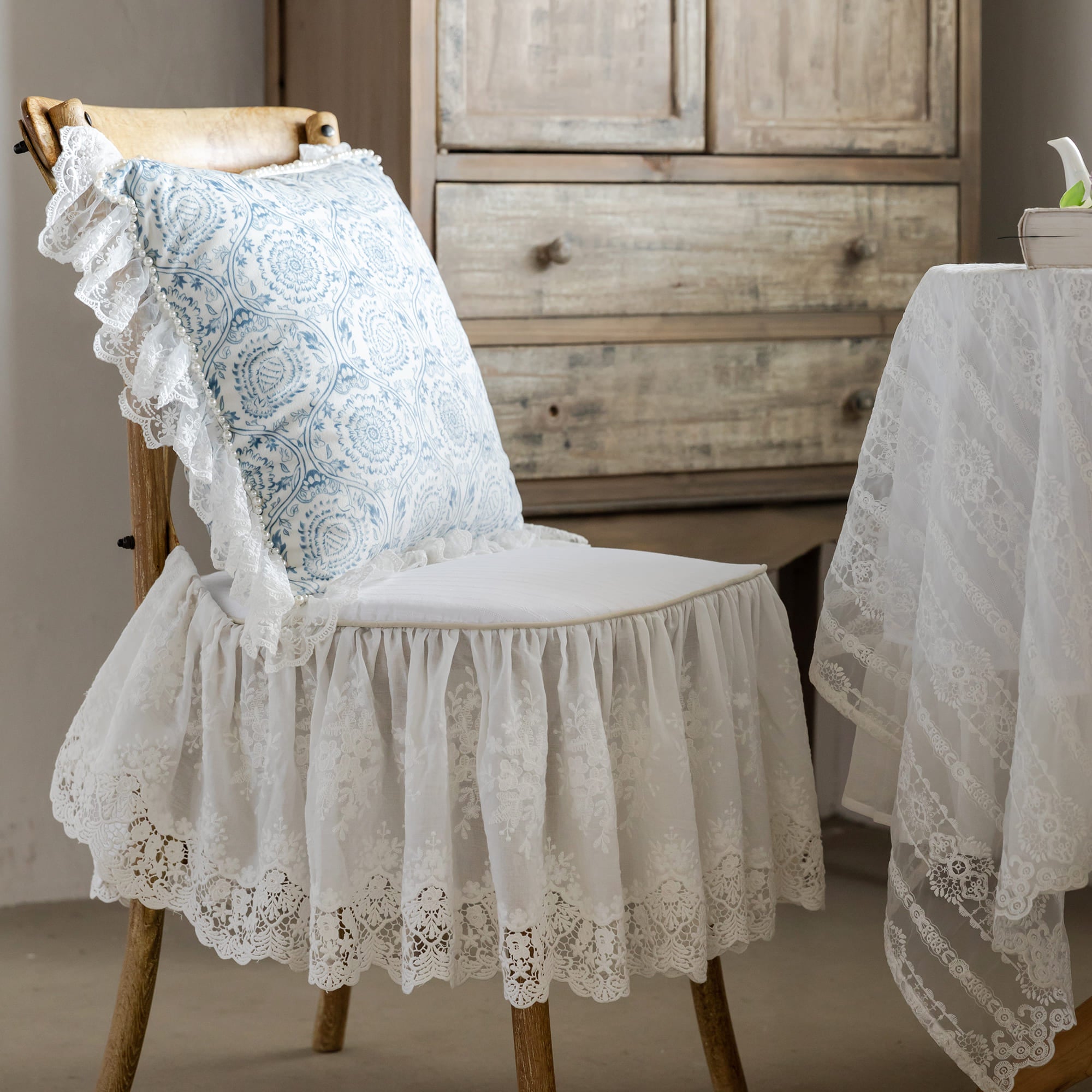 Chloe French Style White Lace Chair Cushion