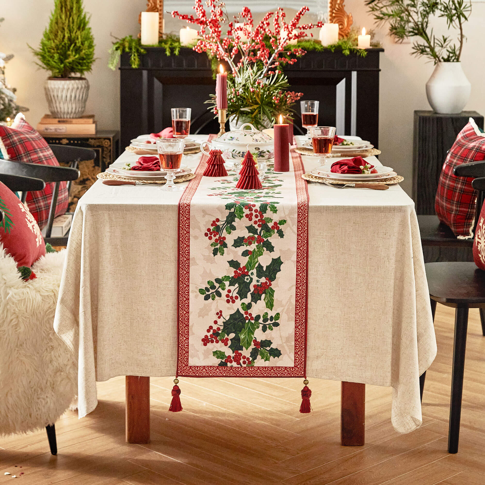 Holly and Berry Printed Red Custom Christmas  Table Runner