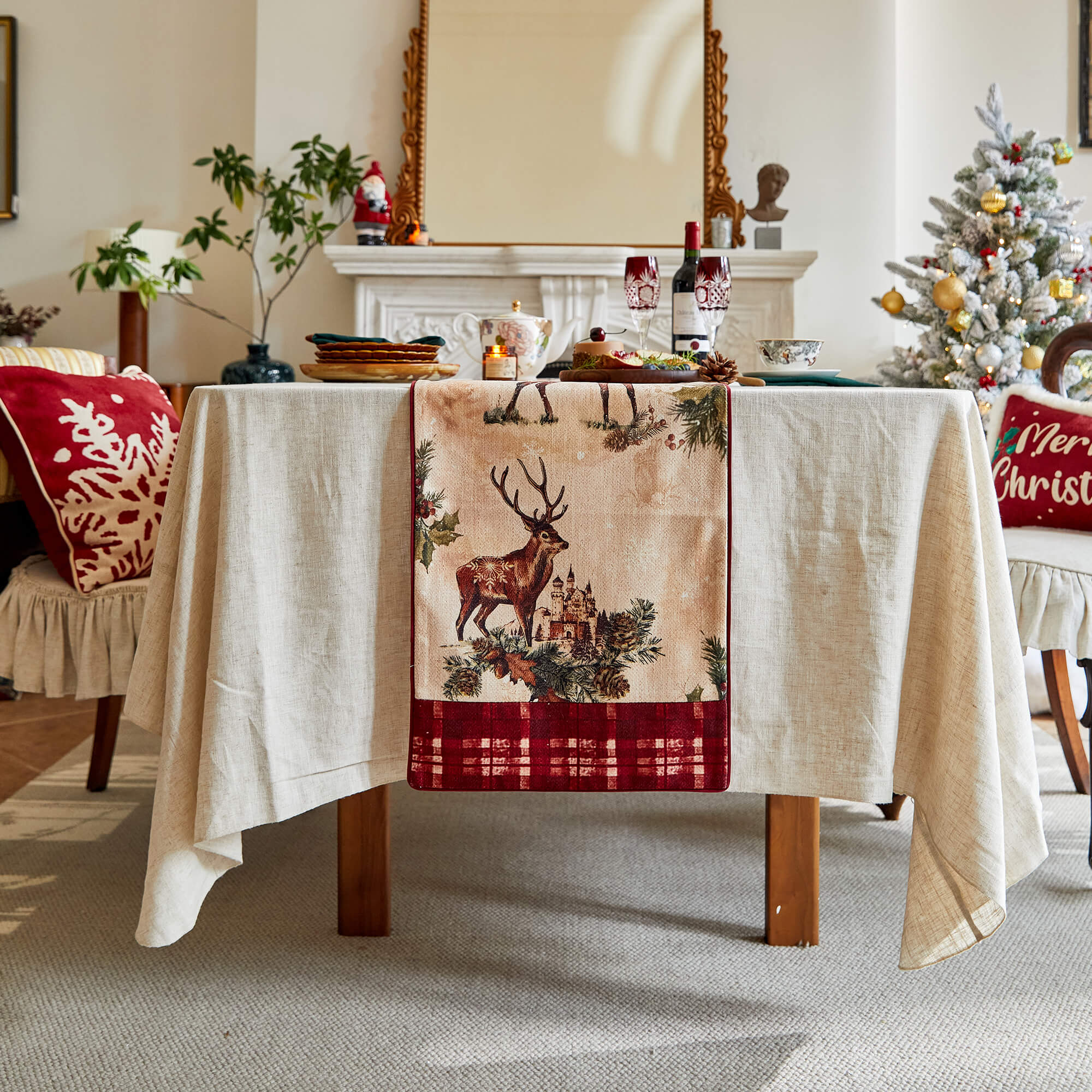 Santa Christmas Reindeer Printed Custom Table Runner