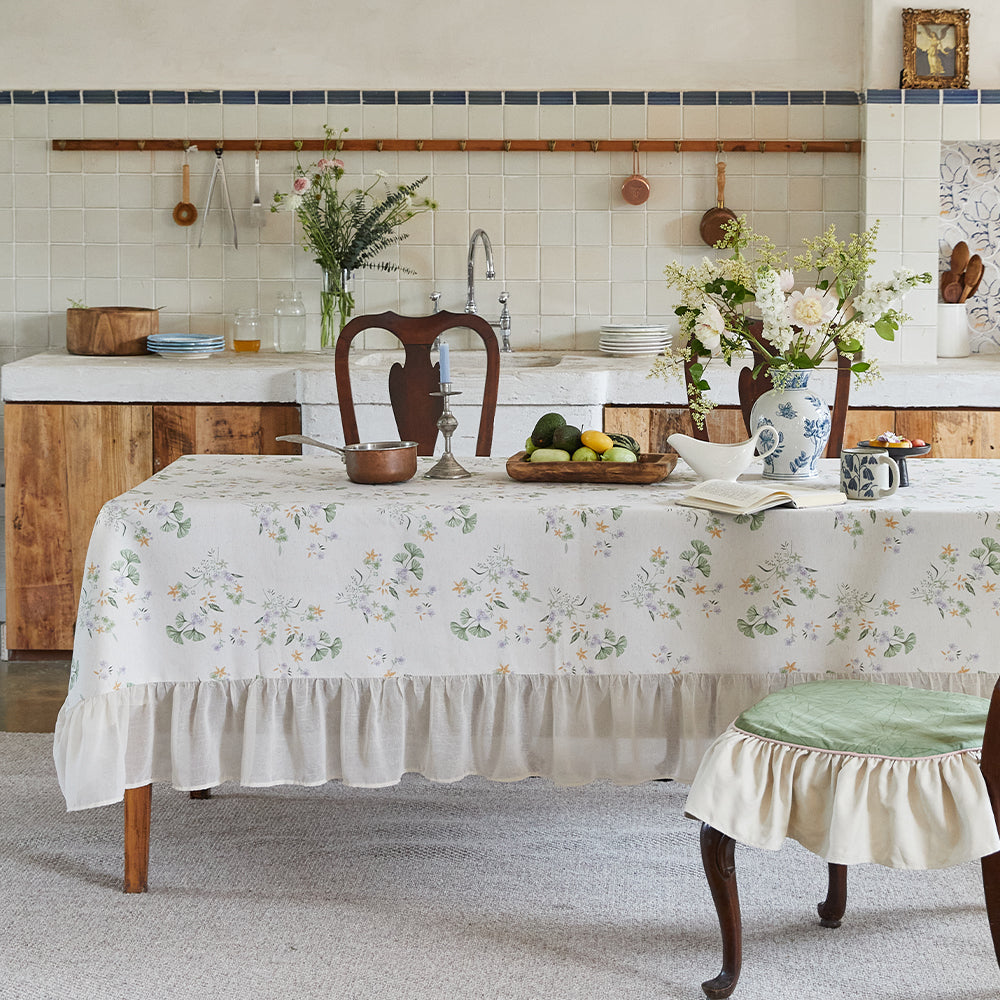 Meadow Plant and Flower Print Linen Tablecloth