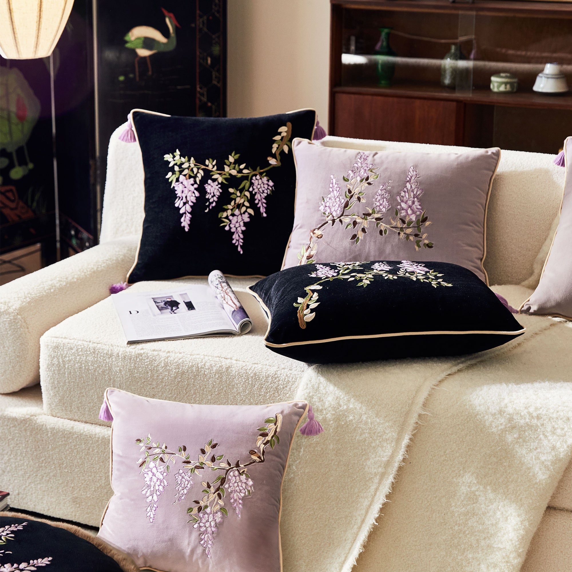 Wisteria Embroidery Wisteria Velvet Throw Pillow Cover