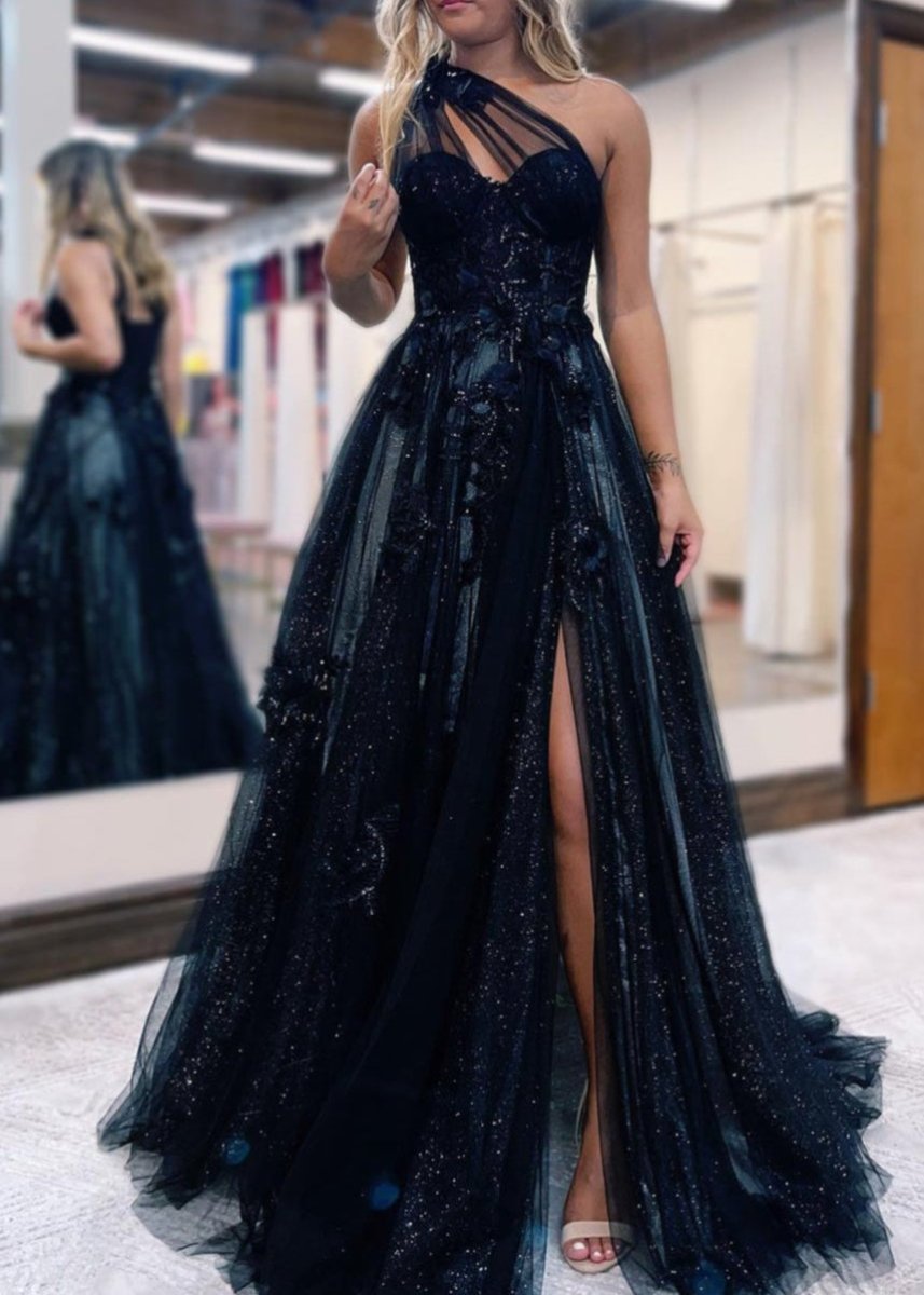 A Line One Shoulder Black Long Prom Dress with Appliques