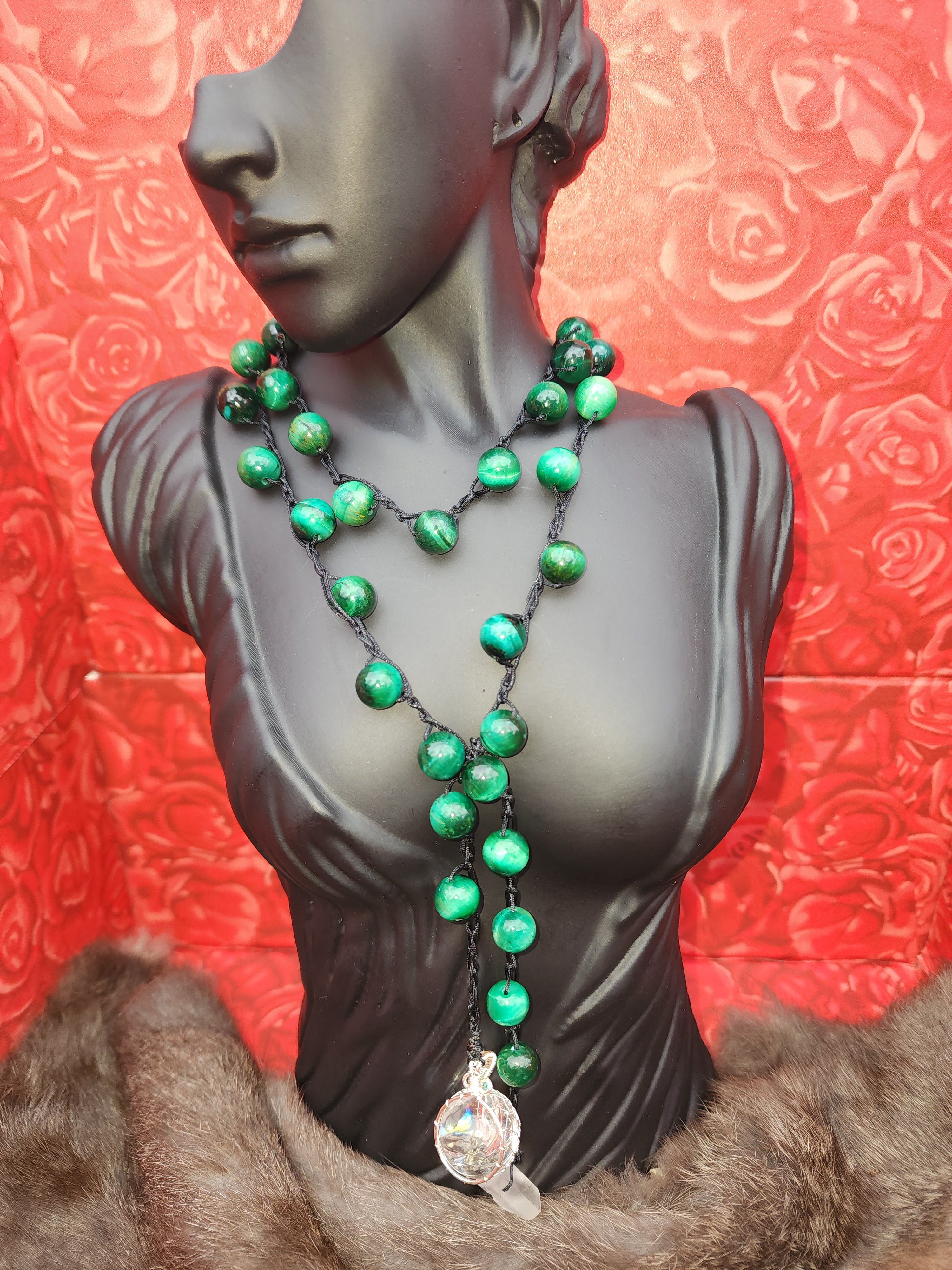 Green tiger's eye necklace boho wrap 32-33 inches