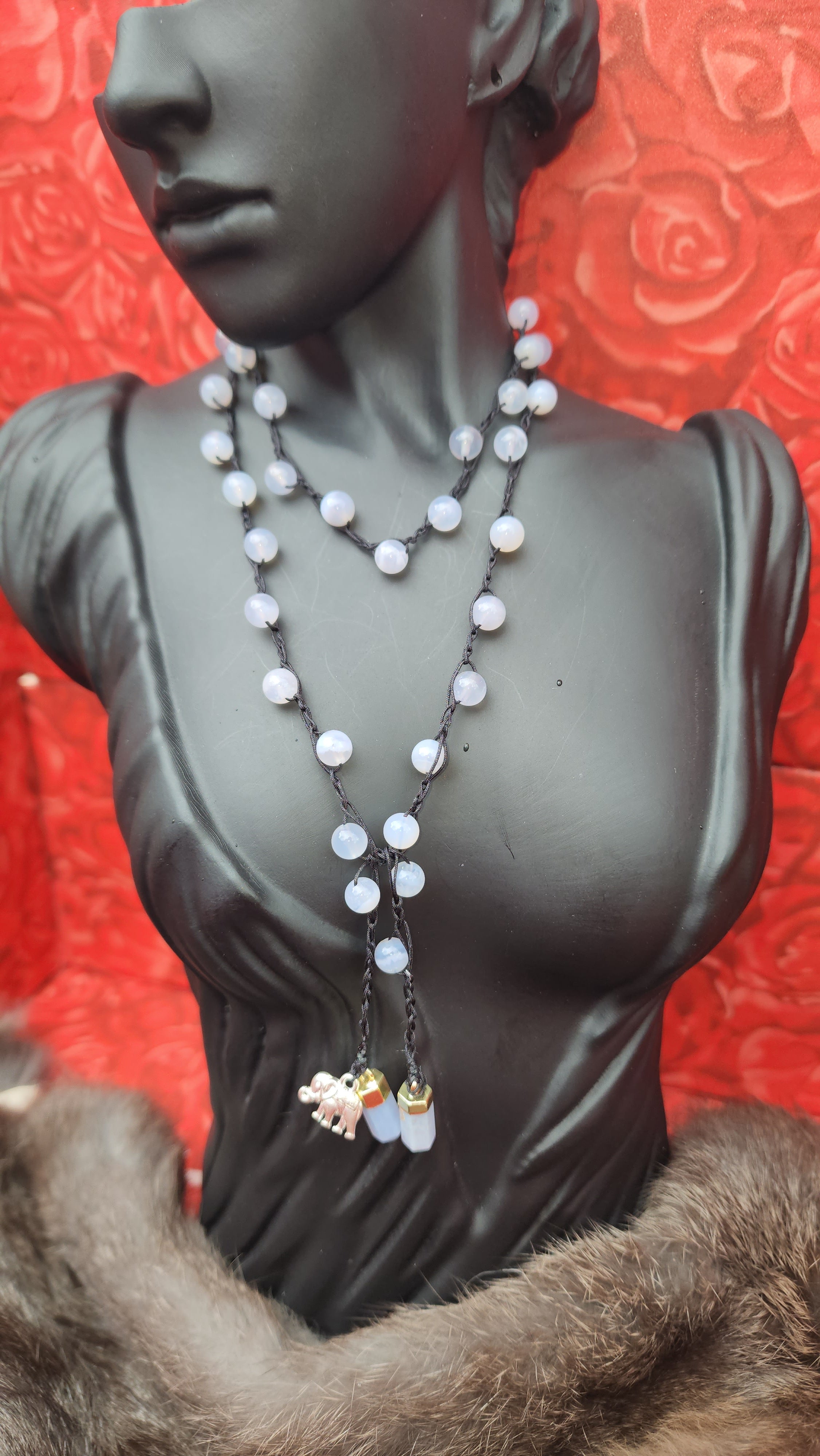 Blue lace/ chalcedony crystal necklace boho wrap 28"