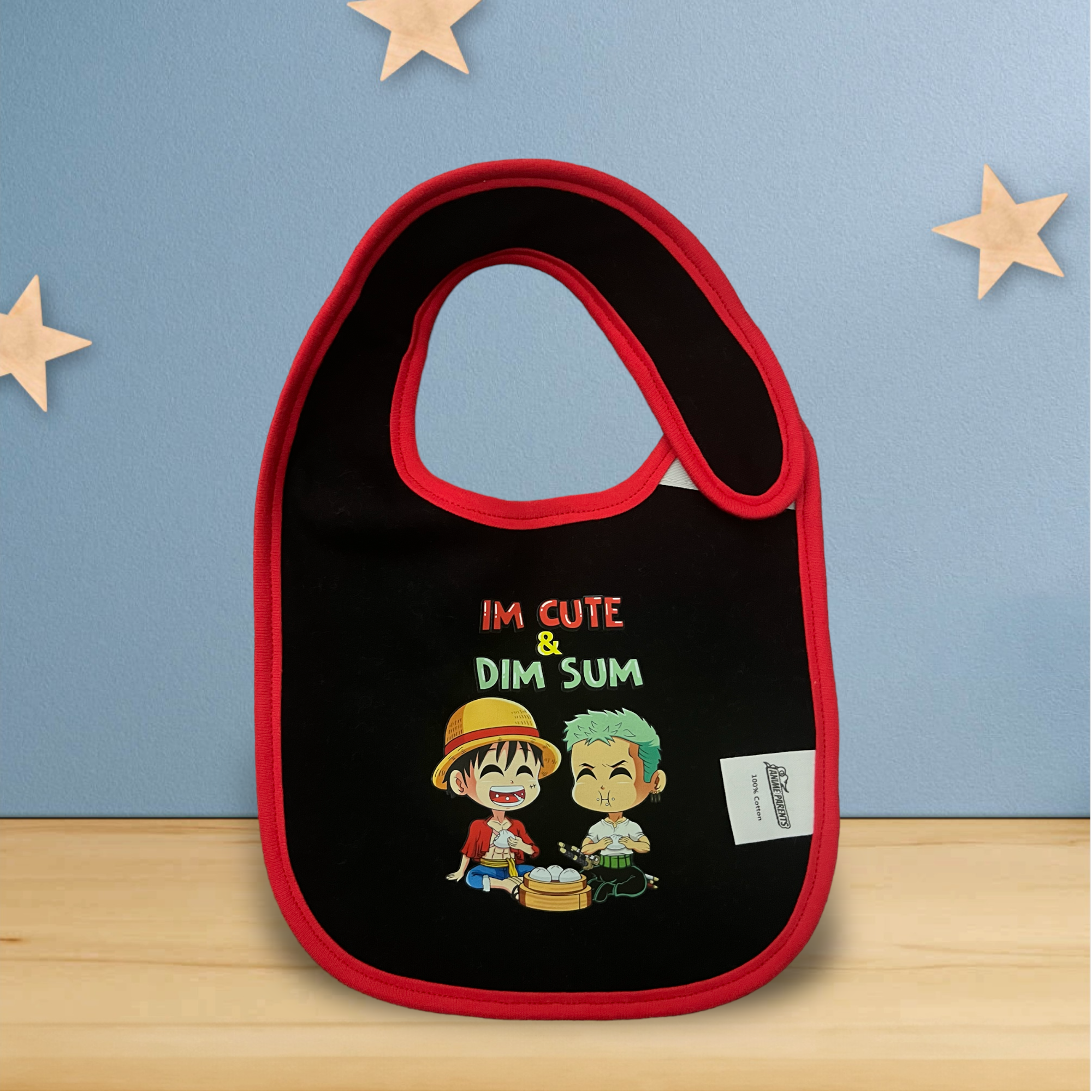 One Piece Anime Baby Bib for babies saying, "I'm Cute and Dim Sum"