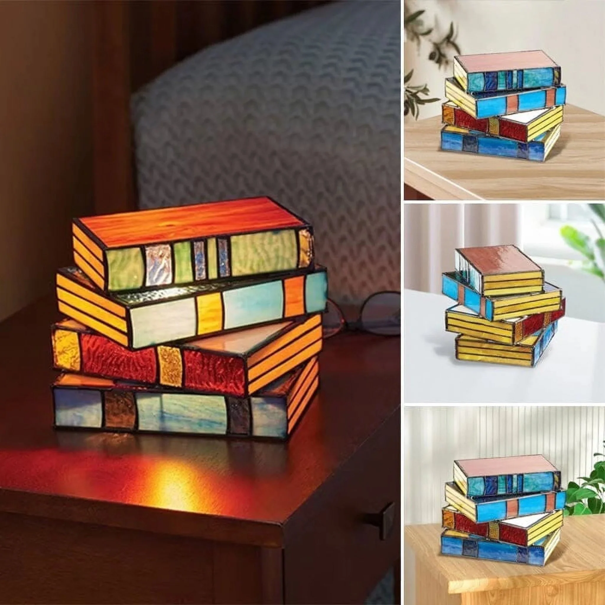 Handcrafted Stained Glass Stacked Books Table Lamp