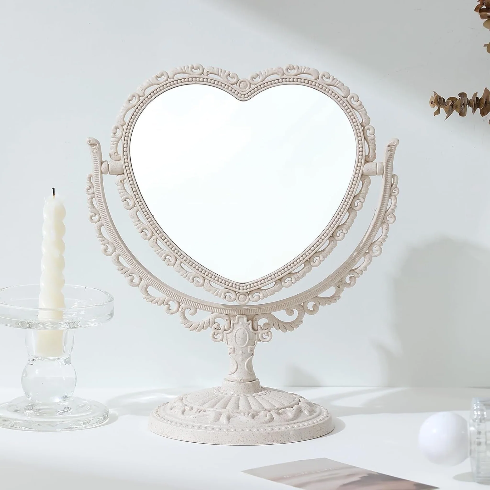 Elegant Heart Mirror, Double-Sided 360° Rotation, Vintage Makeup Mirror