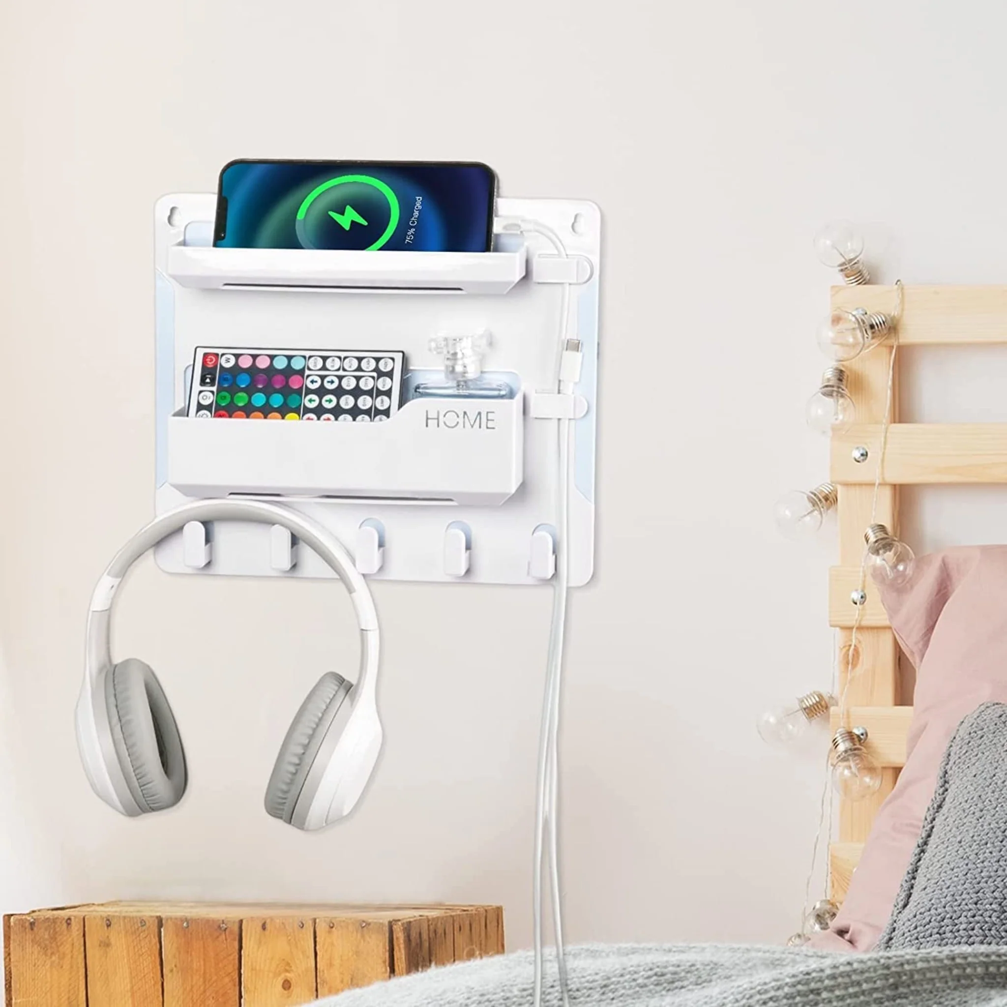 Wall-Mounted Bedside Organizer Shelf for Remote, Phone, Glasses - Dorm Room