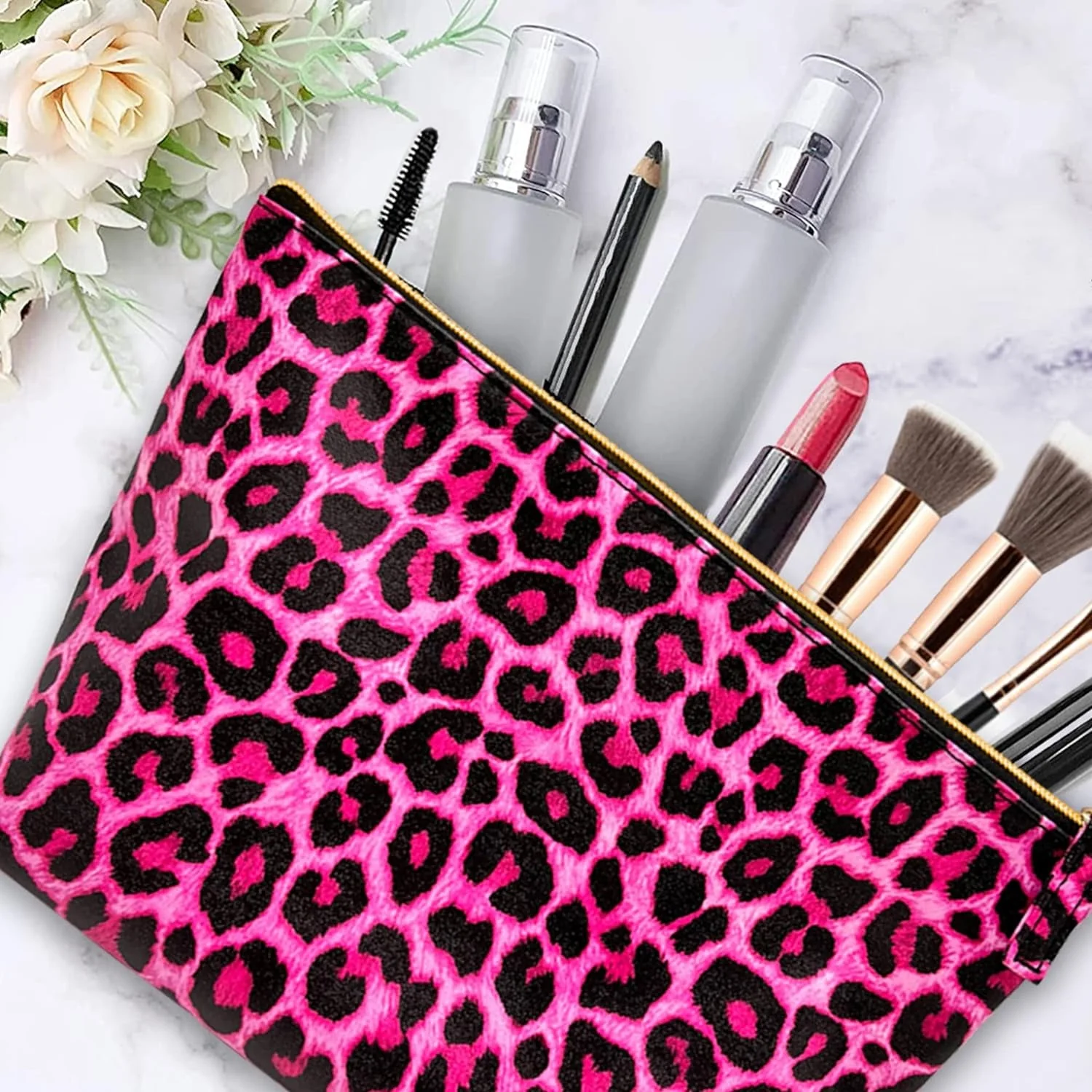 Y2K Vegan Leather Makeup Bag | Hot Pink Leopard & Black Cheetah Print