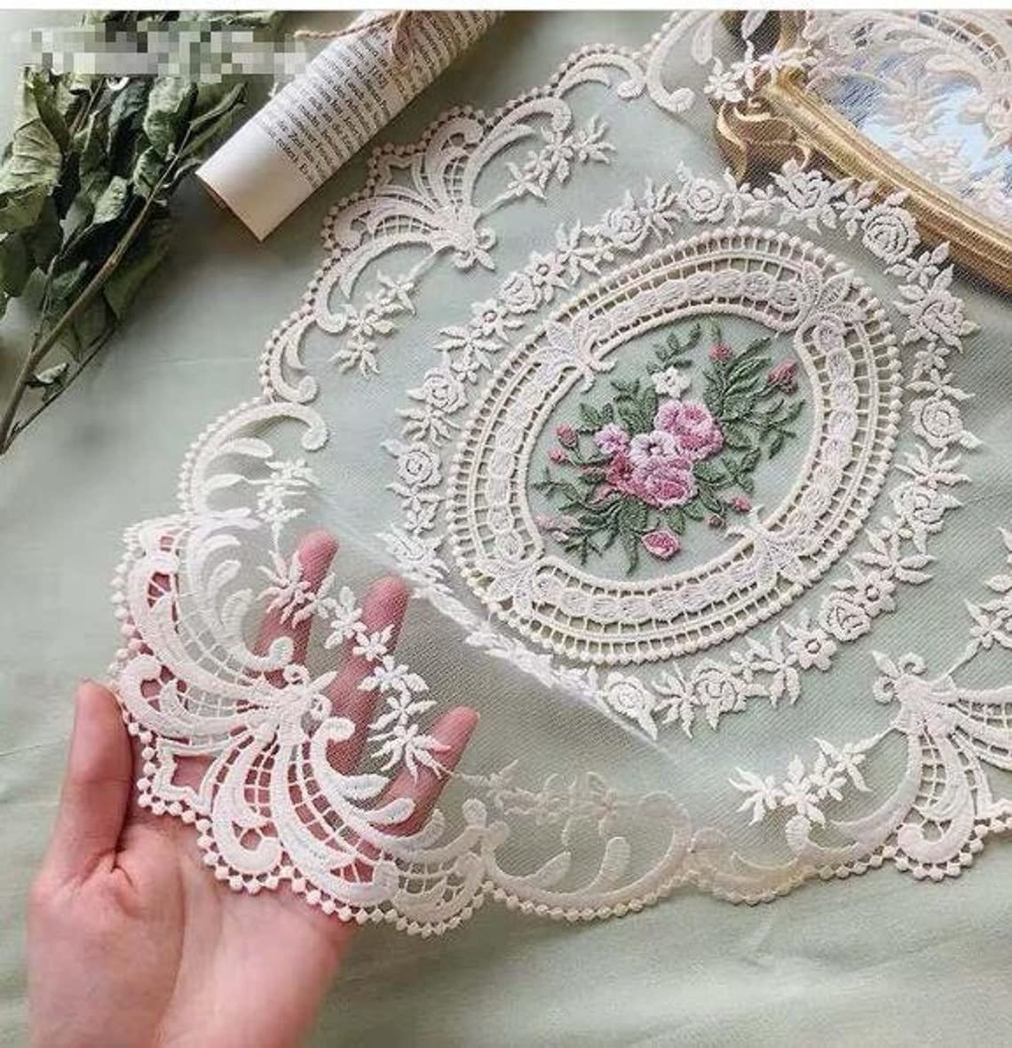 Handmade Lace Placemats - French Crochet Doilies, Set of 2, 12x16 Beige