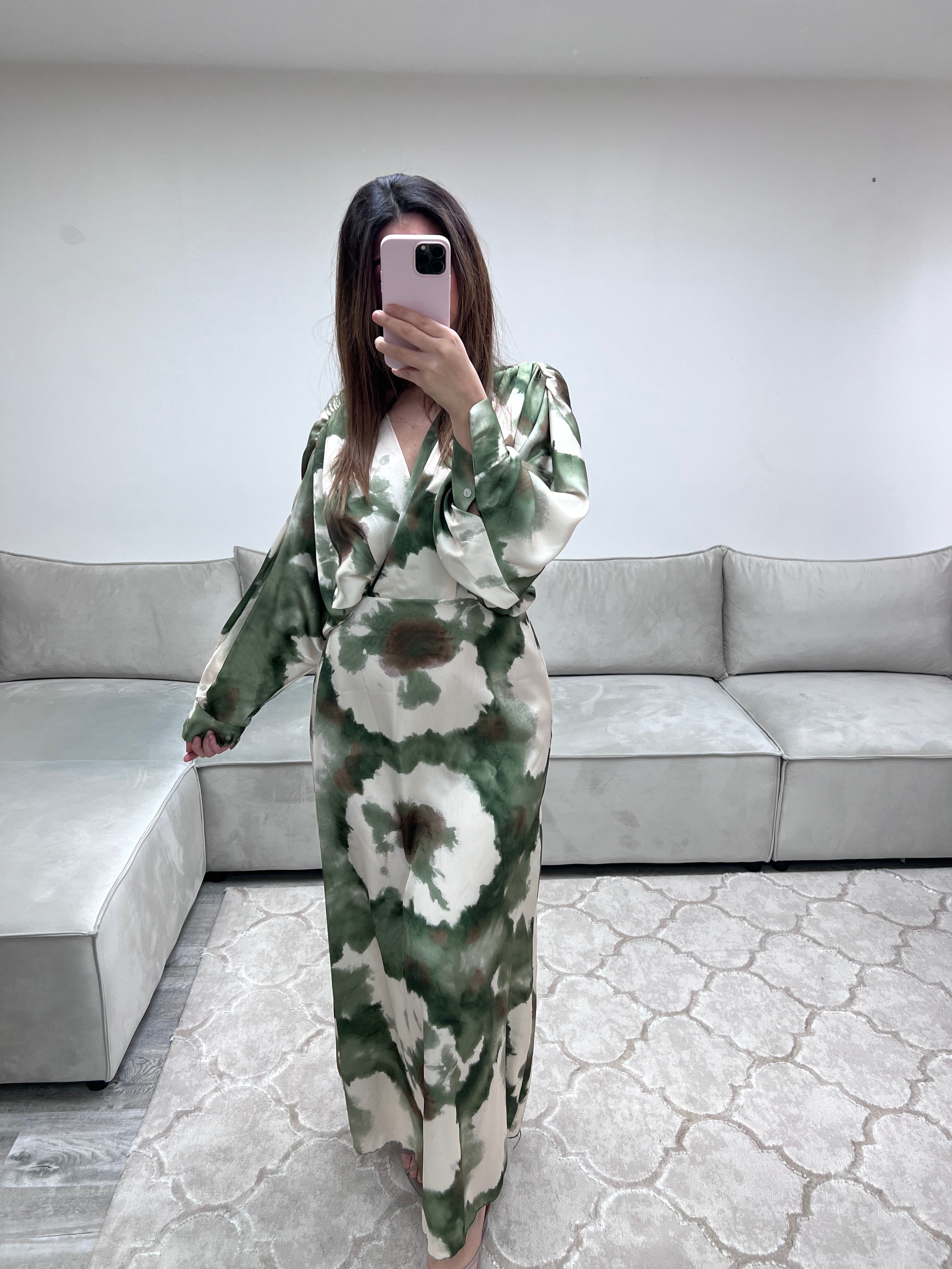 Robe Imprimée en Satin Mya Kaki