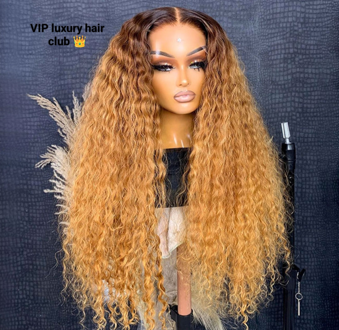 14 inch Ready And Go Wig-Deep Wave Ombre Honey Blonde Wig With Dark Roots Pre-Cut LY Lace