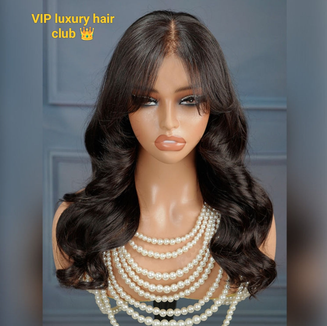 Long Natural Wavy Curtain Bangs Human Hair Glueless 5x5 Lace Closure Wigs-Ready And Go Wig