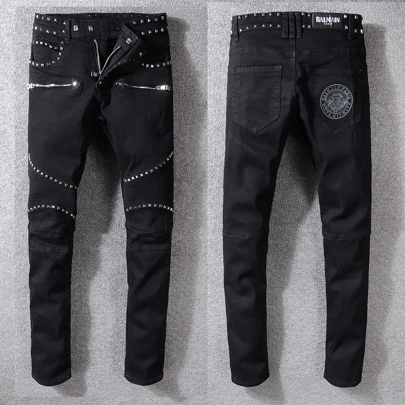 Men's Balmain jeans black studded leather label slim straight trousers