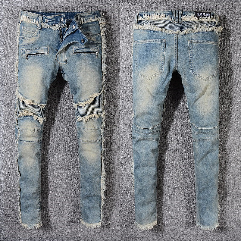 Men's Balmain jeans distressed blue straight-leg pants