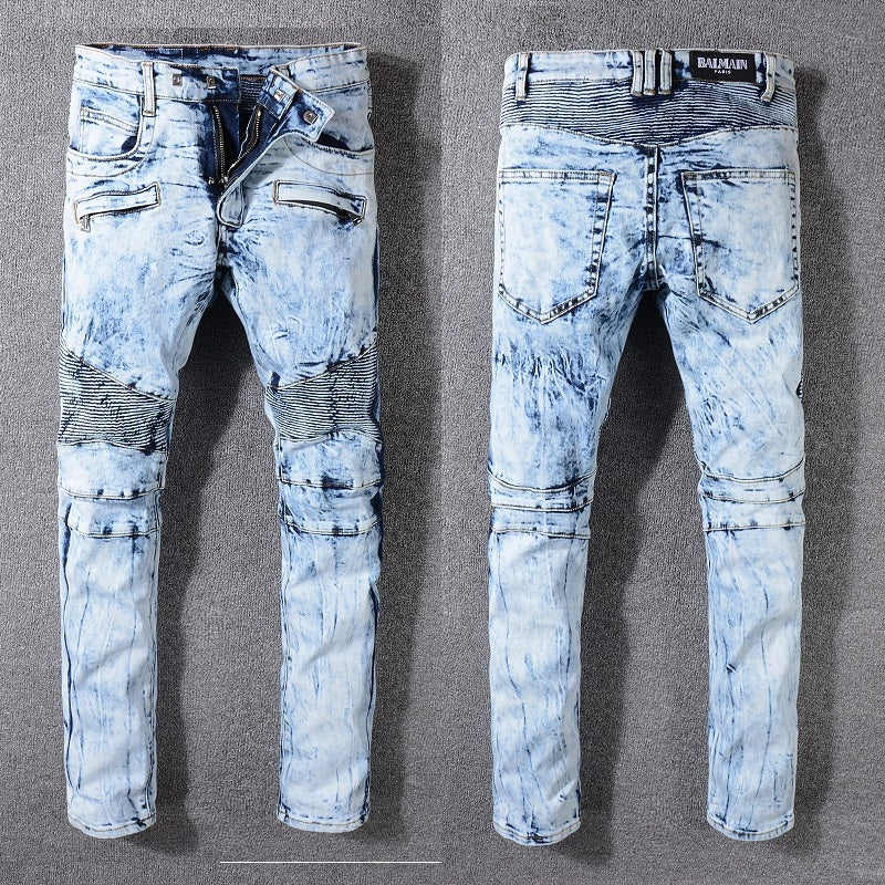 Men's Balmain jeans white and blue leather label slim straight pants