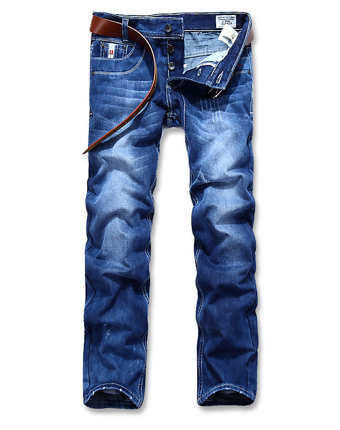 Men's DSL Jeans Zip Leather Label Distressed Slim Straight Pants