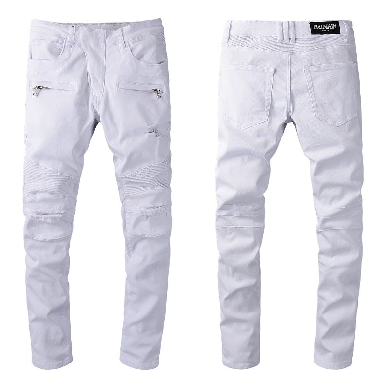 Men's Balmain jeans distressed ripped white straight pants