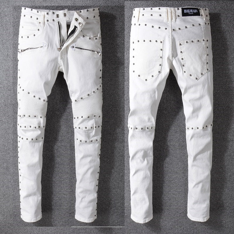 Men's Balmain Jeans Distressed White Studded Slim Straight Pants