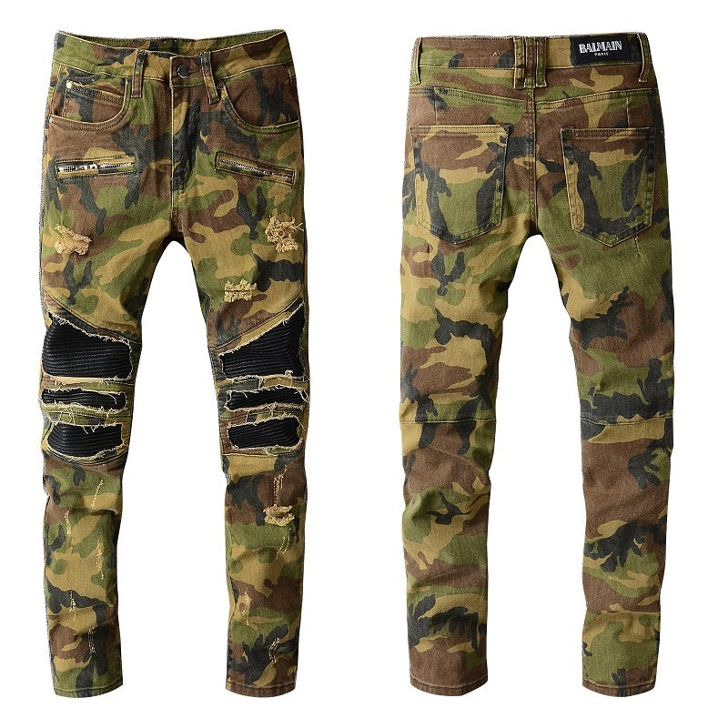 Men's Balmain jeans distressed camouflage straight pants