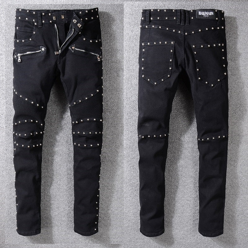 Men's Balmain Jeans Distressed Black Studded Slim Straight Pants
